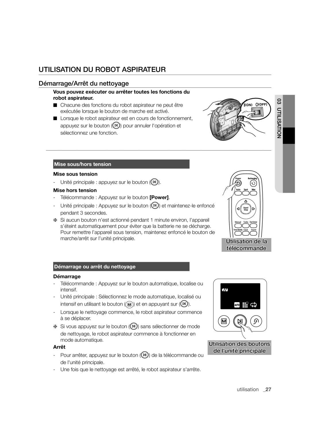 Samsung VCR8958L3K/SWS manual Utilisation DU Robot Aspirateur, Démarrage/Arrêt du nettoyage, Mise sous/hors tension 