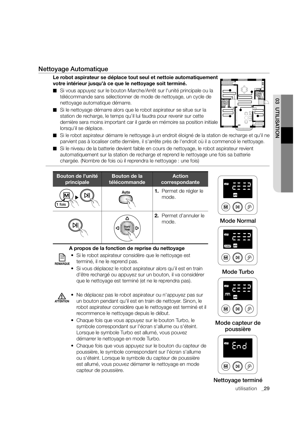 Samsung VCR8958L3K/SWS manual Nettoyage Automatique, Action, Correspondante Permet de régler le Mode, Permet d’annuler le 