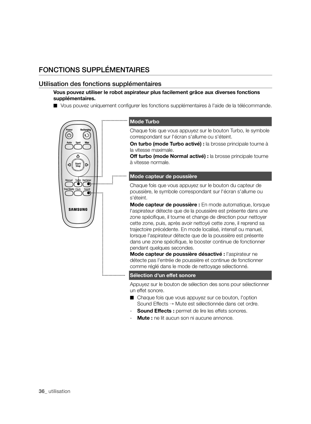 Samsung VCR8958L3K/SWS manual Fonctions Supplémentaires, Utilisation des fonctions supplémentaires, Mode Turbo 