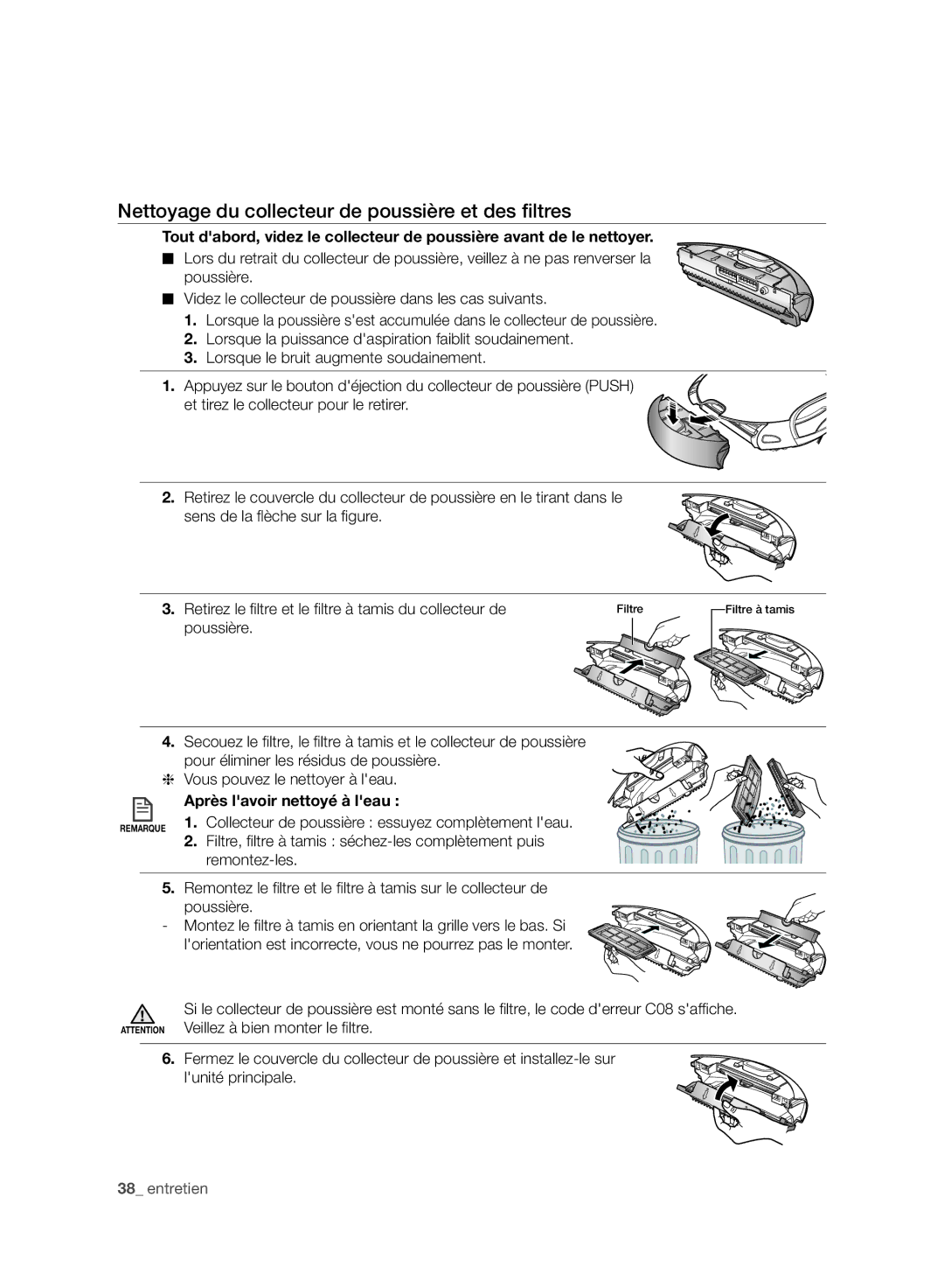 Samsung VCR8958L3K/SWS manual Nettoyage du collecteur de poussière et des ﬁltres, Après lavoir nettoyé à leau, Remontez-les 