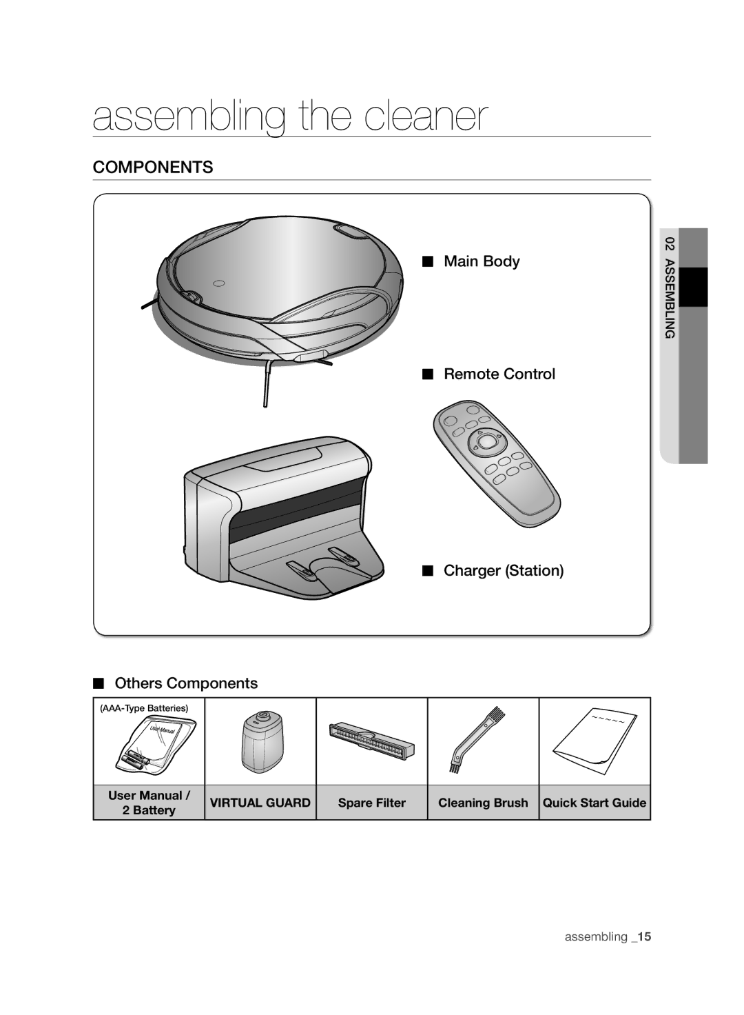 Samsung VCR8958L3K/SWS manual Assembling the cleaner, Main Body Remote Control Charger Station Others Components 