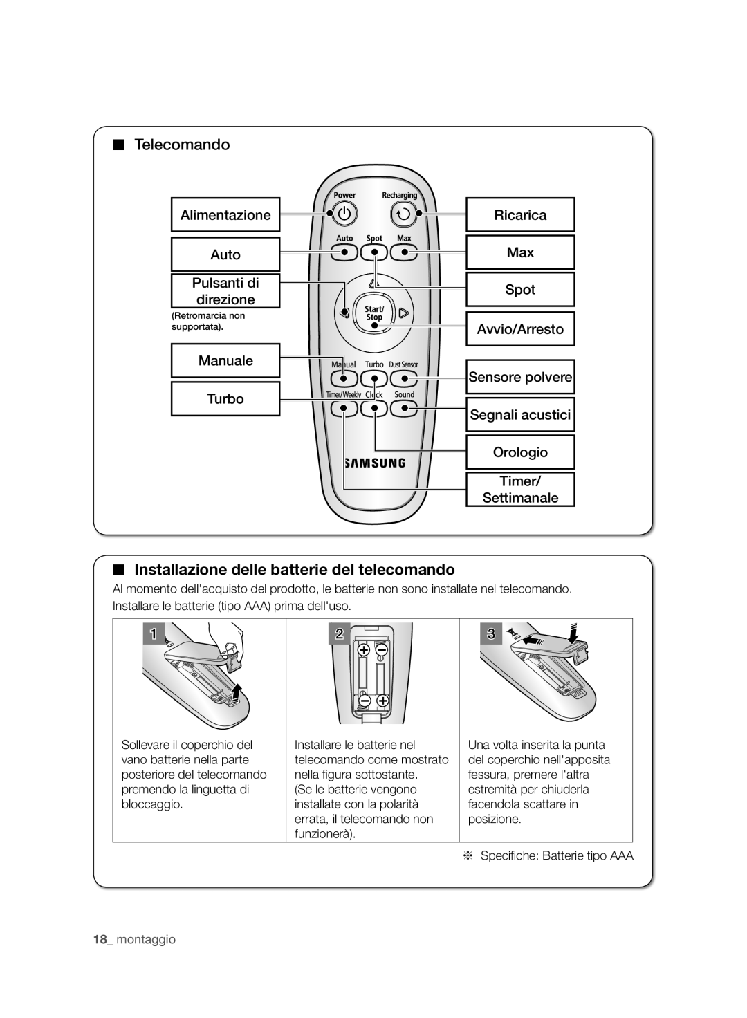 Samsung VCR8958L3K/SWS manual Installazione delle batterie del telecomando 