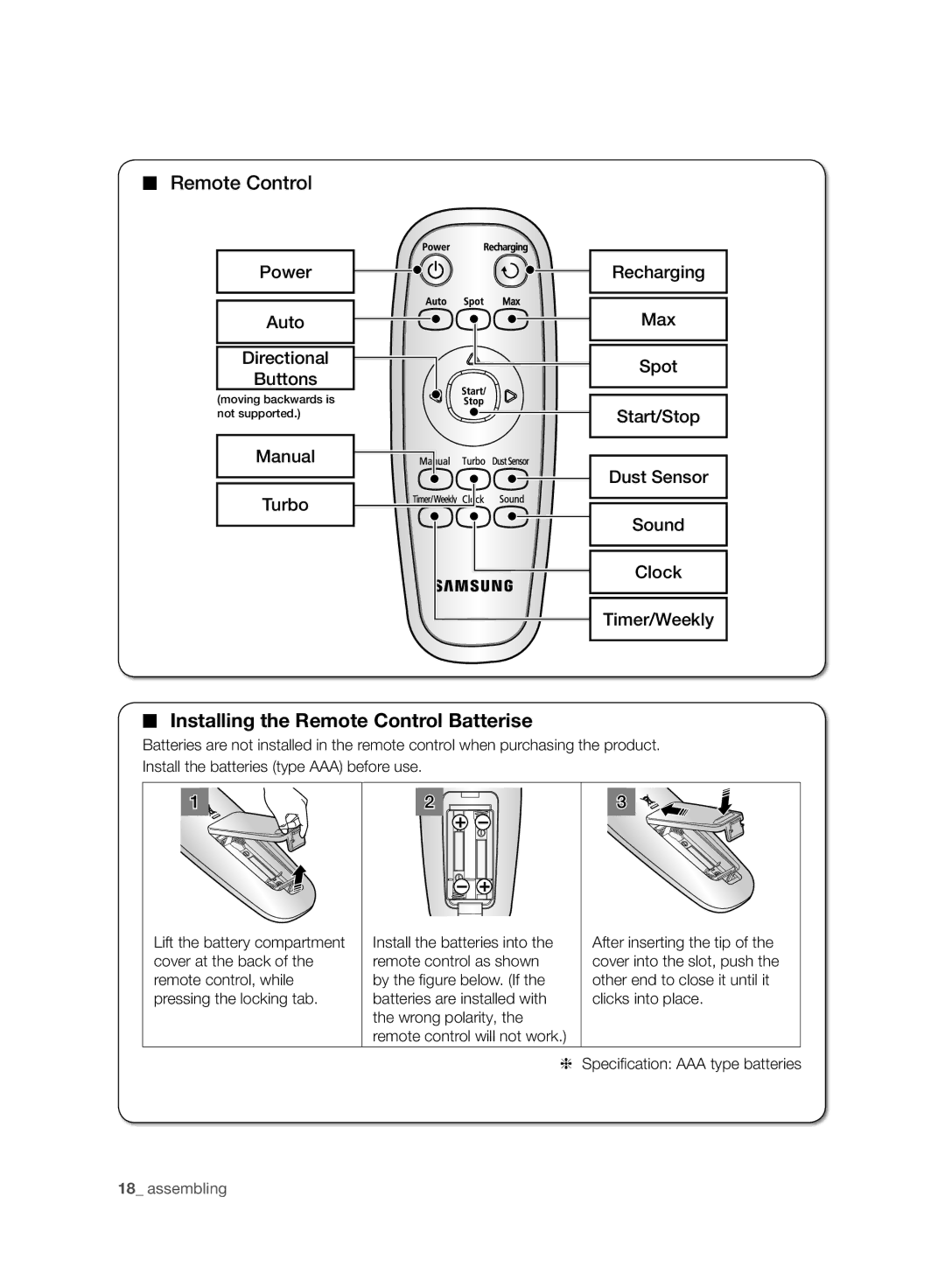 Samsung VCR8958L3K/SWS manual Installing the Remote Control Batterise 