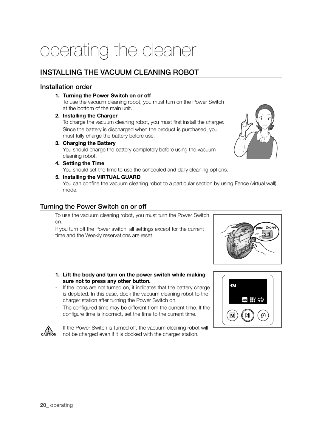 Samsung VCR8958L3K/SWS manual Operating the cleaner, Installing the Vacuum Cleaning Robot, Installation order 