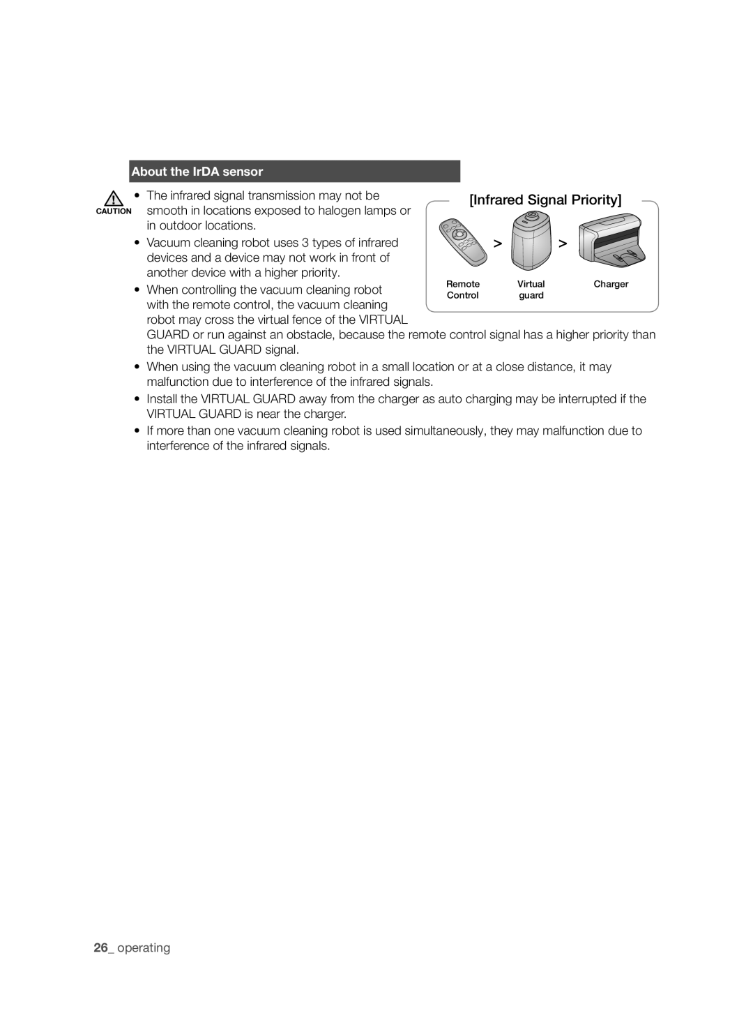 Samsung VCR8958L3K/SWS manual About the IrDA sensor, When controlling the vacuum cleaning robot 