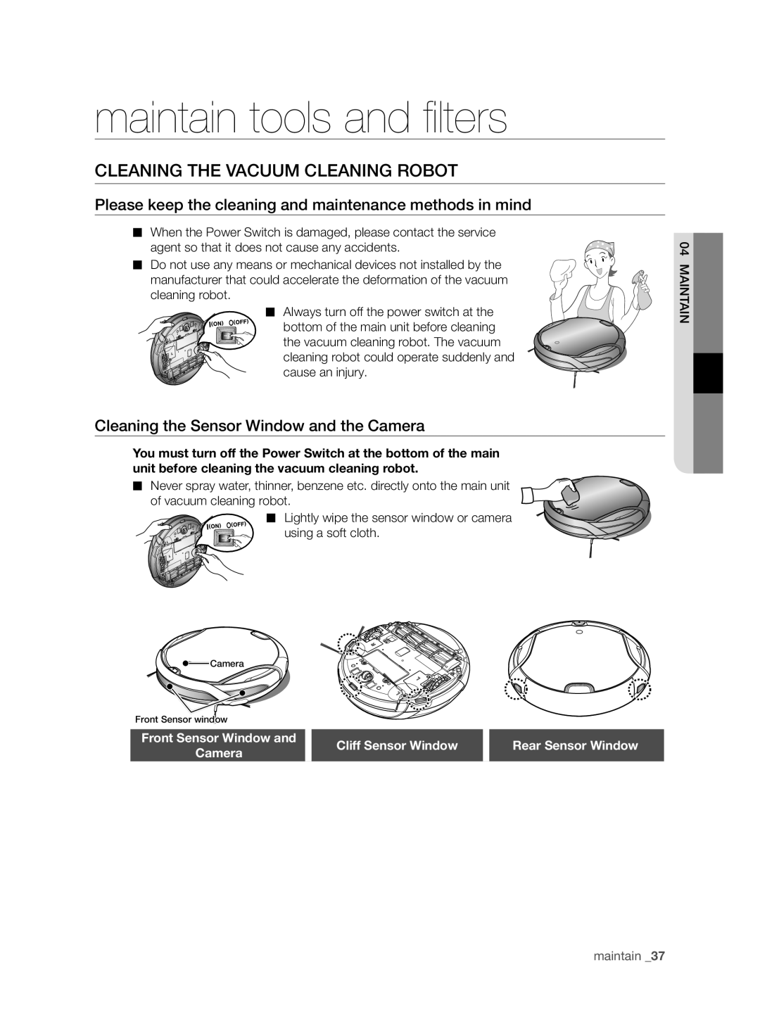 Samsung VCR8958L3K/SWS manual Maintain tools and ﬁ lters, Cleaning the Vacuum Cleaning Robot 