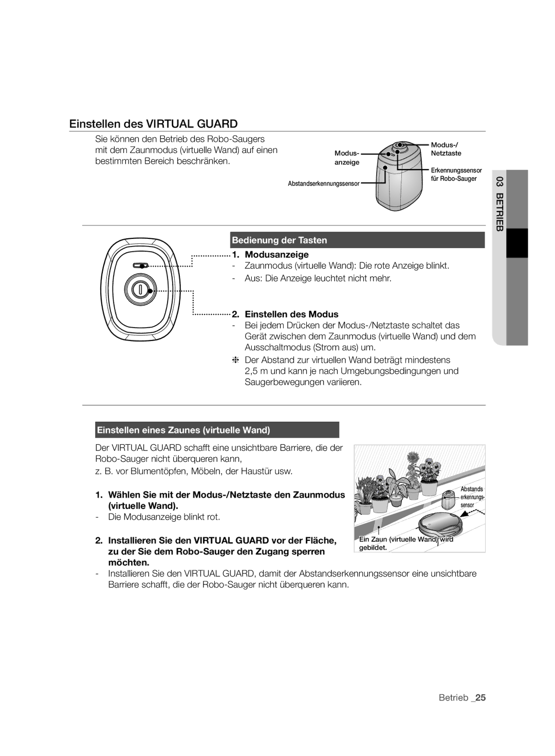 Samsung VCR8958L3K/SWS manual Einstellen des Virtual Guard, Bedienung der Tasten, Einstellen eines Zaunes virtuelle Wand 