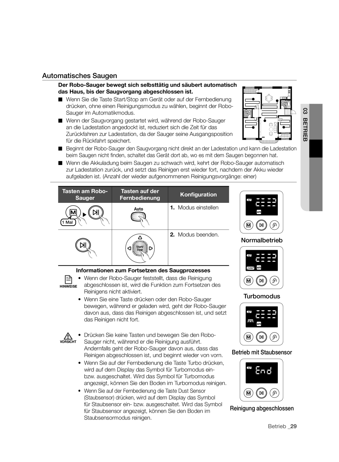 Samsung VCR8958L3K/SWS Automatisches Saugen, Informationen zum Fortsetzen des Saugprozesses, Reinigens nicht aktiviert 