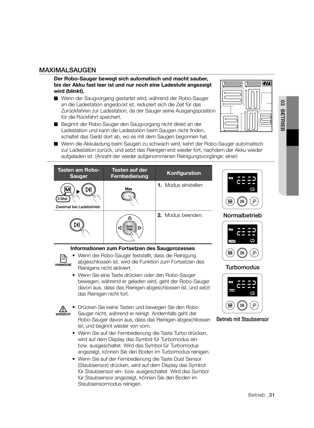 Samsung VCR8958L3K/SWS manual Maximalsaugen, Modus einstellen, Modus beenden 