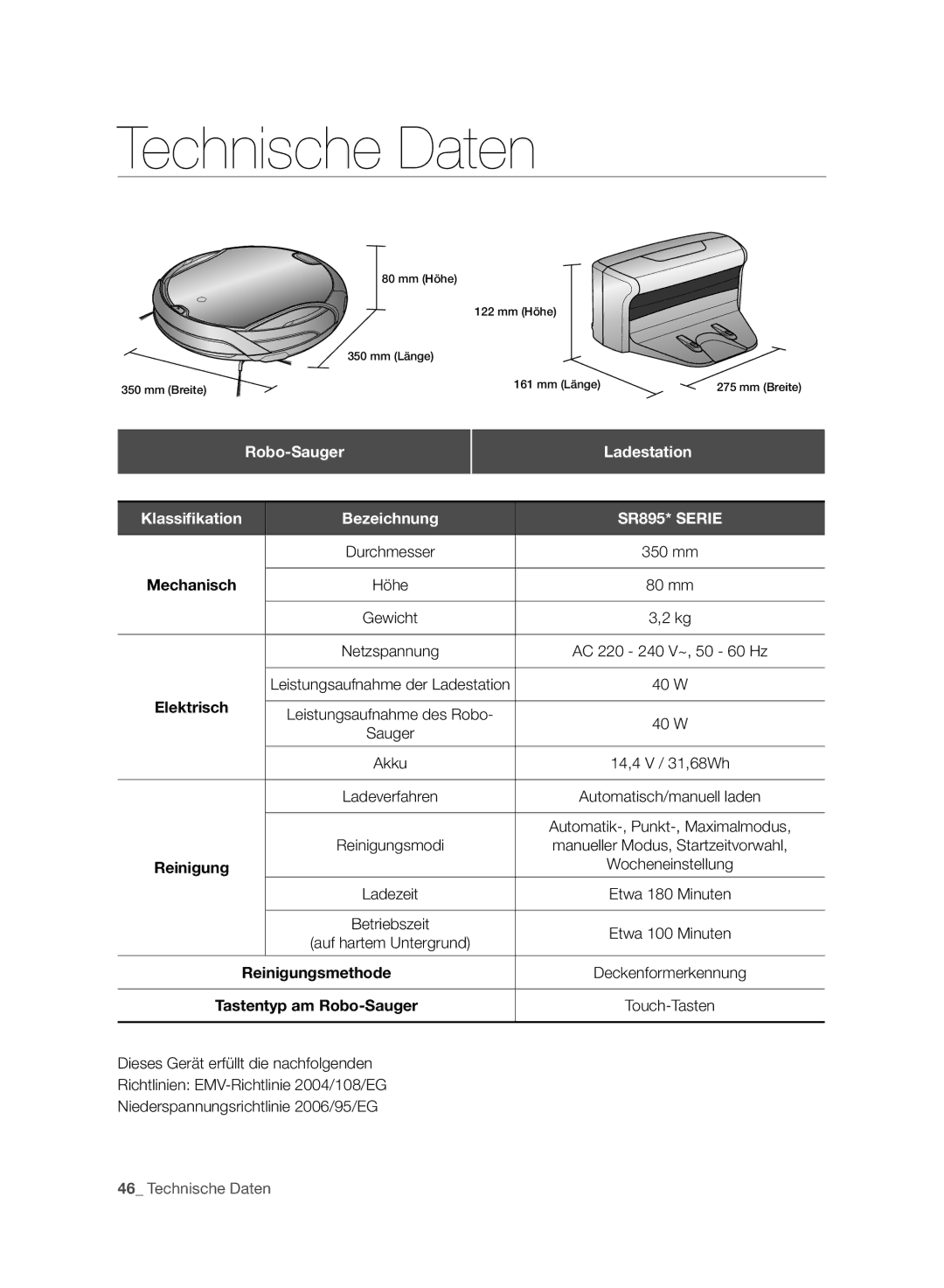 Samsung VCR8958L3K/SWS manual Robo-Sauger, Ladestation, Bezeichnung, 350 mm, Höhe 80 mm 