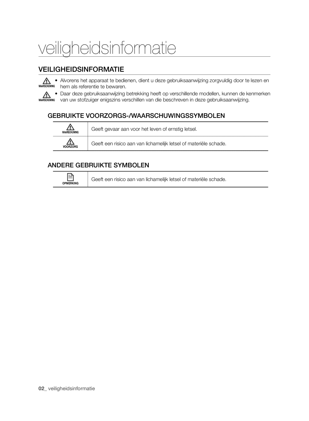 Samsung VCR8980L3K/XEF manual Veiligheidsinformatie, Gebruikte VOORZORGS-/WAARSCHUWINGSSYMBOLEN, Andere Gebruikte Symbolen 