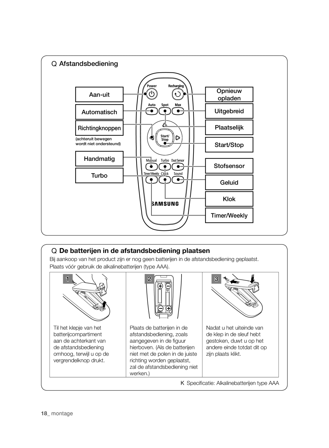 Samsung VCR8980L3K/XEF, VCR8980L3K/XEO manual De batterijen in de afstandsbediening plaatsen 