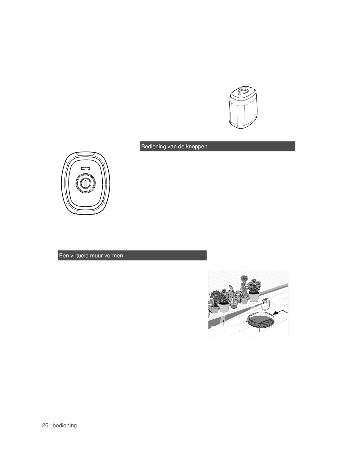 Samsung VCR8980L3K/XEF, VCR8980L3K/XEO manual DE Virtual Guard Plaatsen, Bediening van de knoppen, Bediening moduslampje 