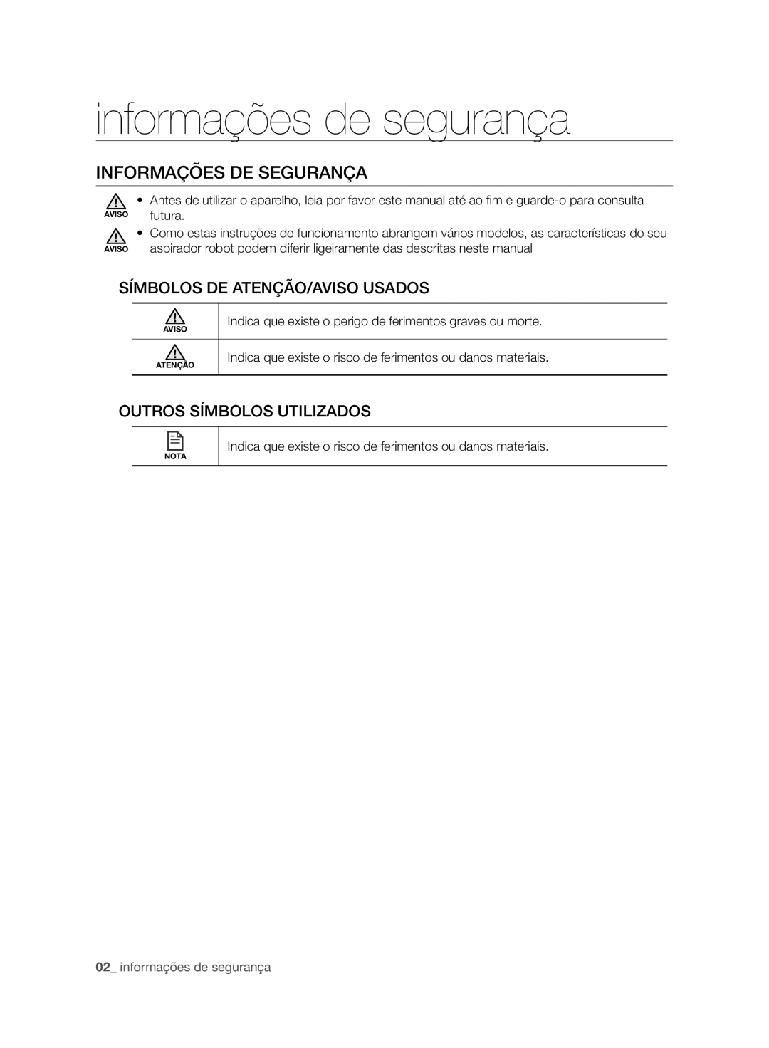 Samsung VCR8980L3K/XEF manual Informações de segurança, Informações DE Segurança, Símbolos DE ATENÇÃO/AVISO Usados 