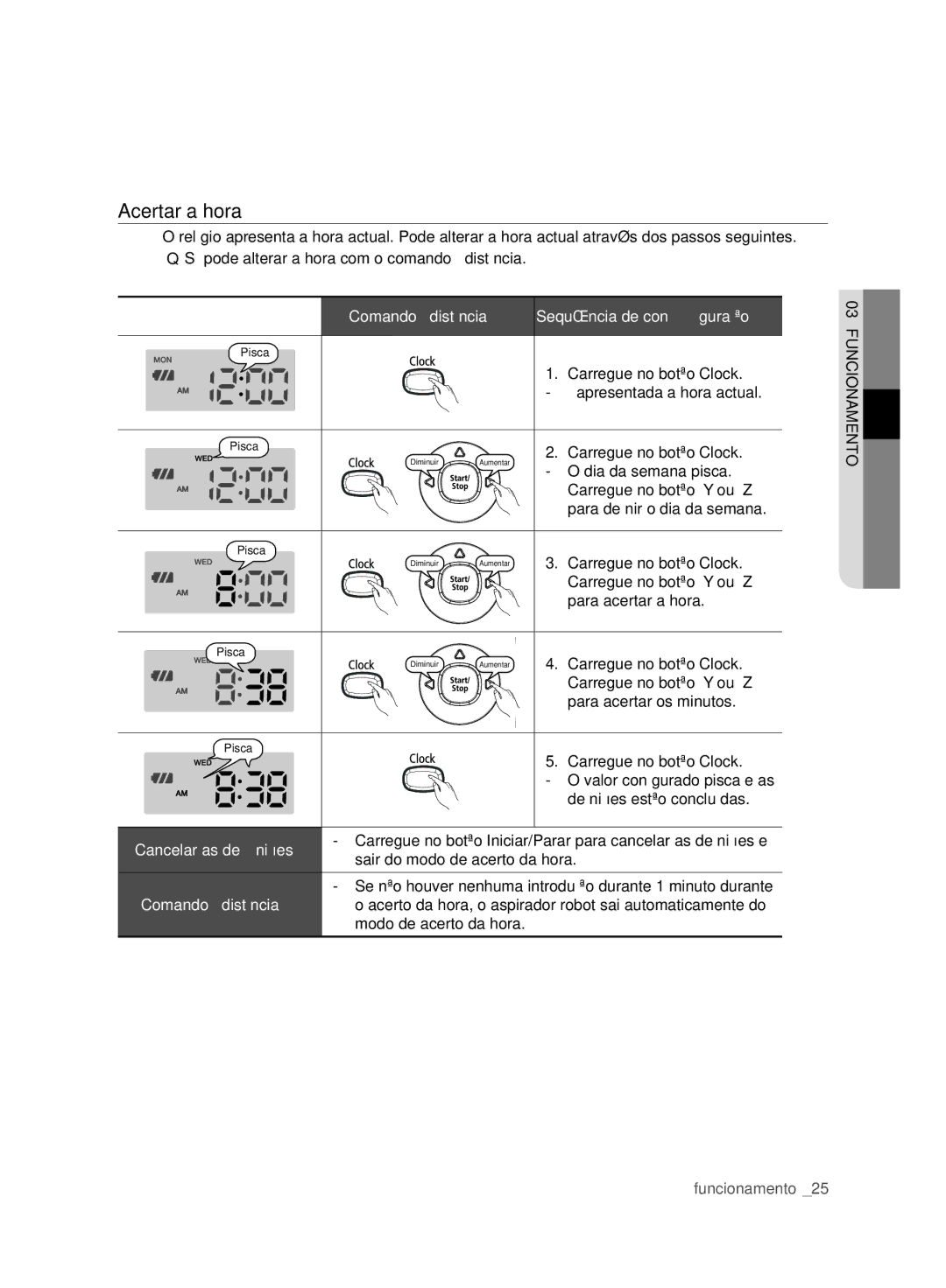 Samsung VCR8980L3K/XEO, VCR8980L3K/XEF manual Acertar a hora, Comando à distância, Cancelar as deﬁnições 