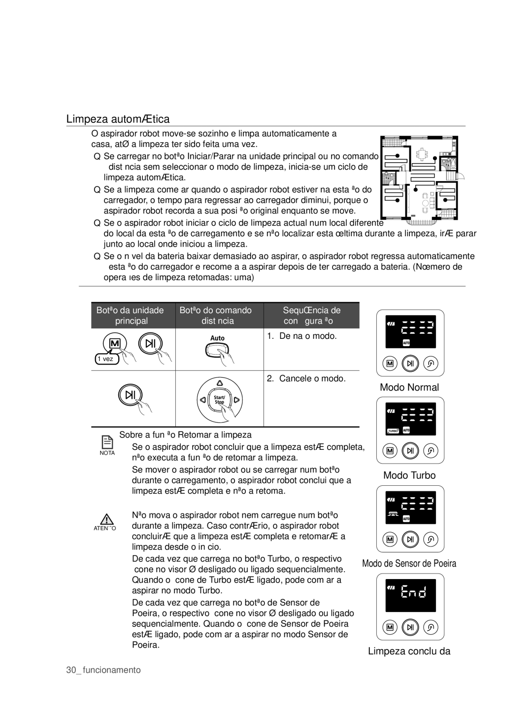 Samsung VCR8980L3K/XEF, VCR8980L3K/XEO manual Limpeza automática, Distância, Deﬁ na o modo, Sobre a função Retomar a limpeza 