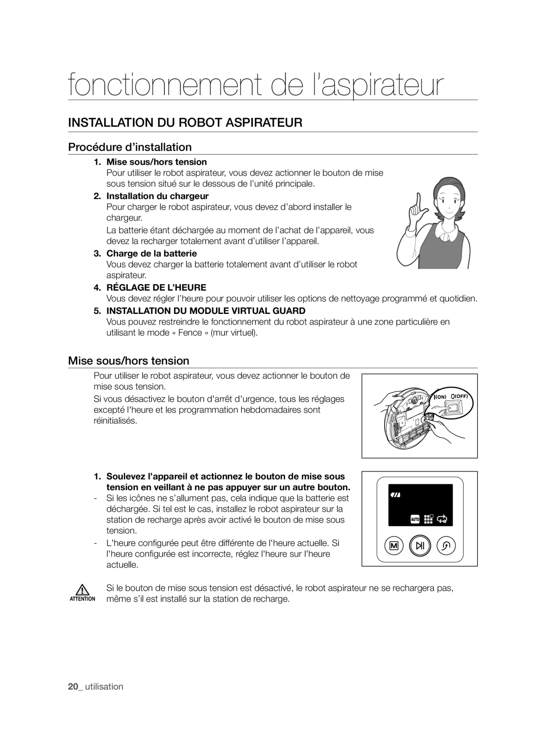 Samsung VCR8980L3K/XEF manual Fonctionnement de l’aspirateur, Installation DU Robot Aspirateur, Procédure d’installation 