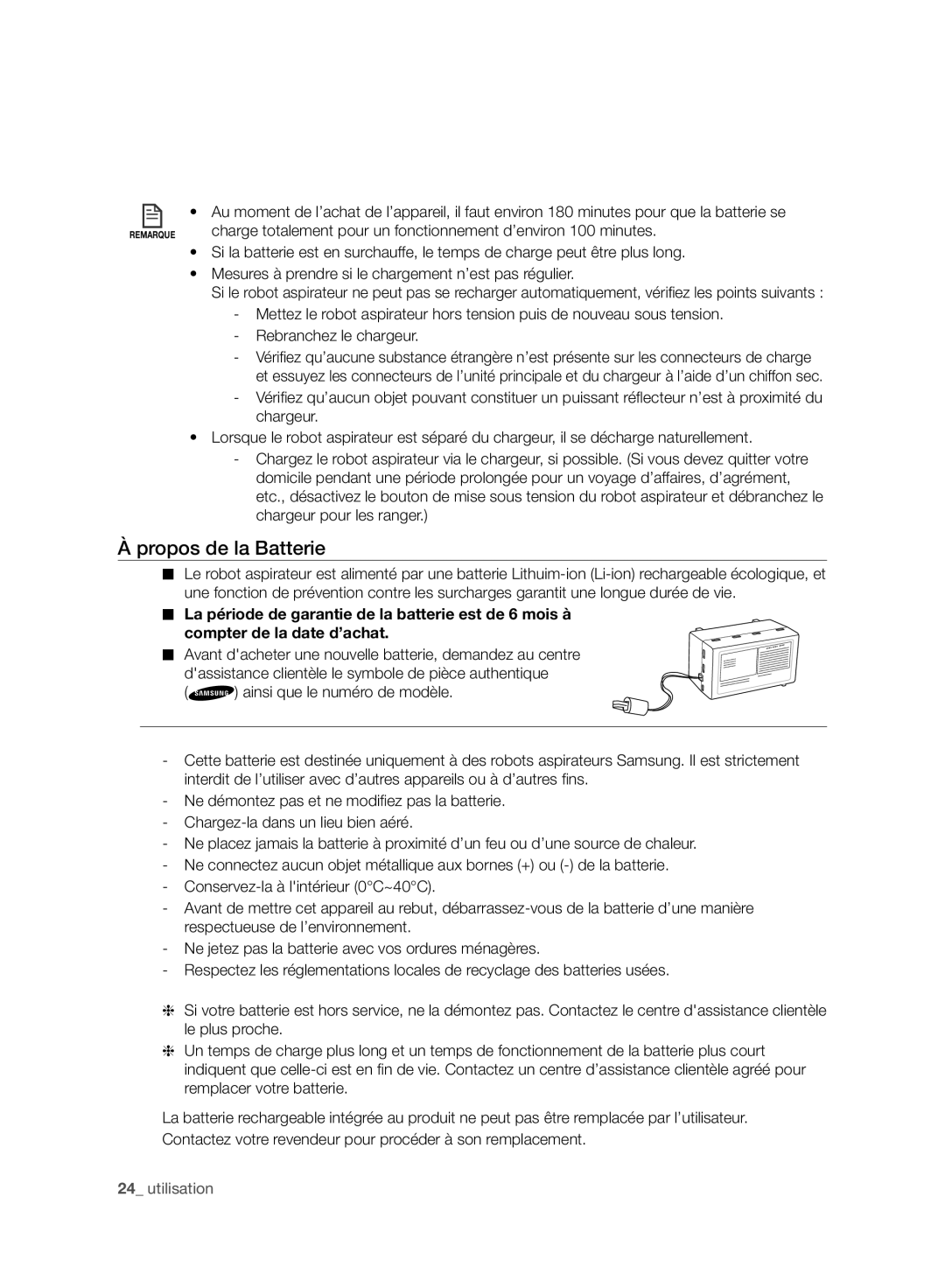 Samsung VCR8980L3K/XEF, VCR8980L3K/XEO manual Propos de la Batterie 