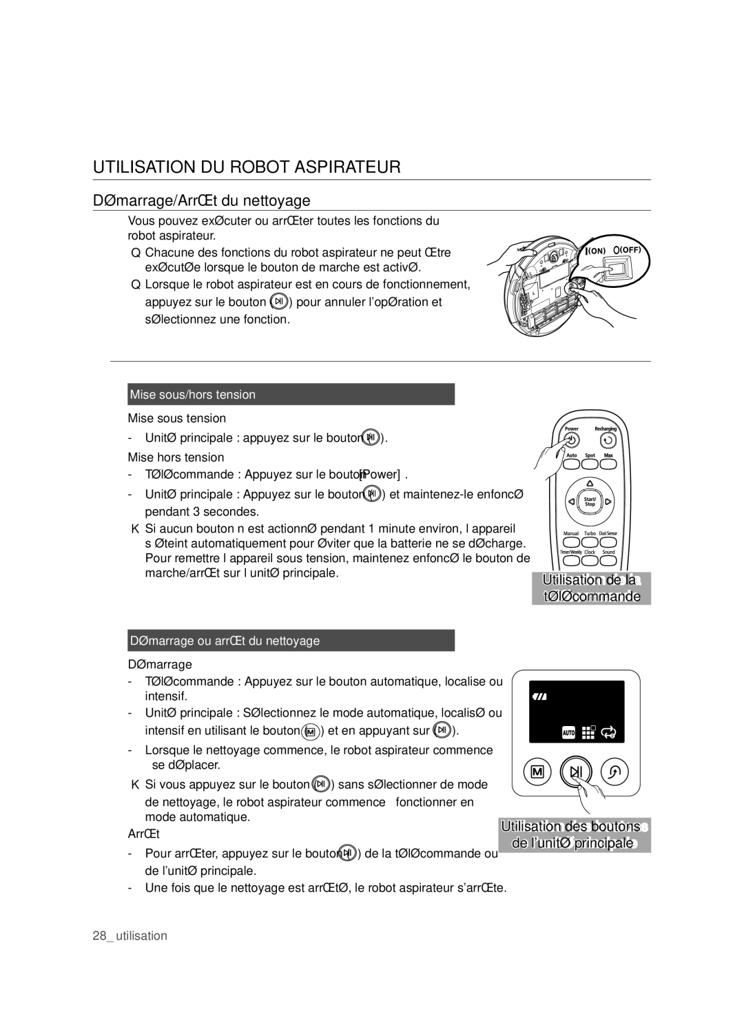 Samsung VCR8980L3K/XEF manual Utilisation DU Robot Aspirateur, Démarrage/Arrêt du nettoyage, Mise sous/hors tension 