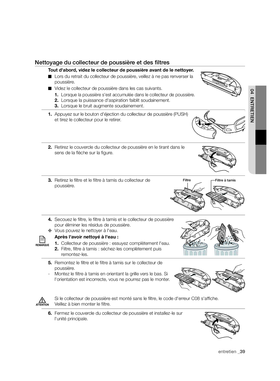 Samsung VCR8980L3K/XEO manual Nettoyage du collecteur de poussière et des ﬁltres, Après lavoir nettoyé à leau, Remontez-les 