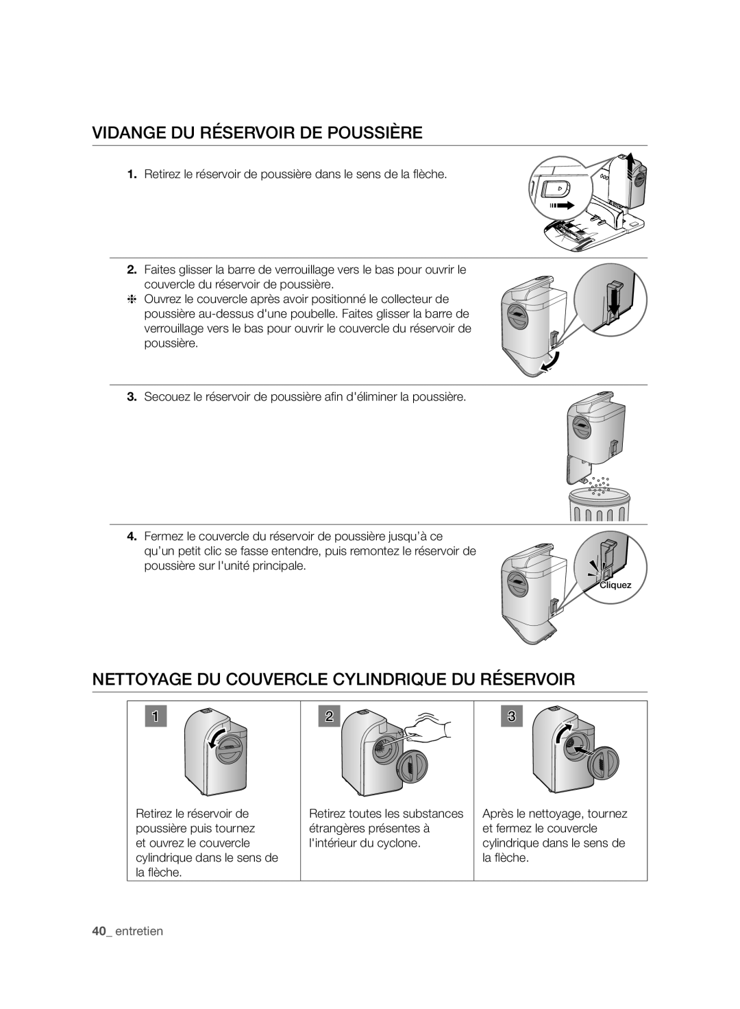 Samsung VCR8980L3K/XEF, VCR8980L3K/XEO Vidange DU Réservoir DE Poussière, Nettoyage DU Couvercle Cylindrique DU Réservoir 