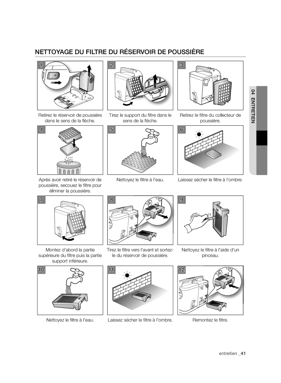 Samsung VCR8980L3K/XEO, VCR8980L3K/XEF manual Nettoyage DU Filtre DU Réservoir DE Poussière 