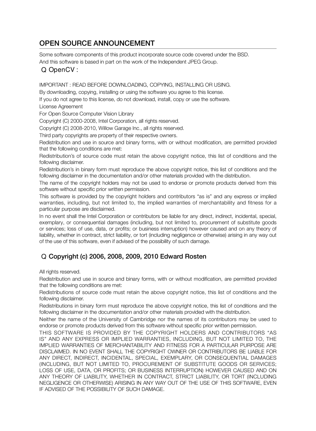 Samsung VCR8980L3K/XEF, VCR8980L3K/XEO manual Open Source Announcement, Copyright c 2006, 2008, 2009, 2010 Edward Rosten 