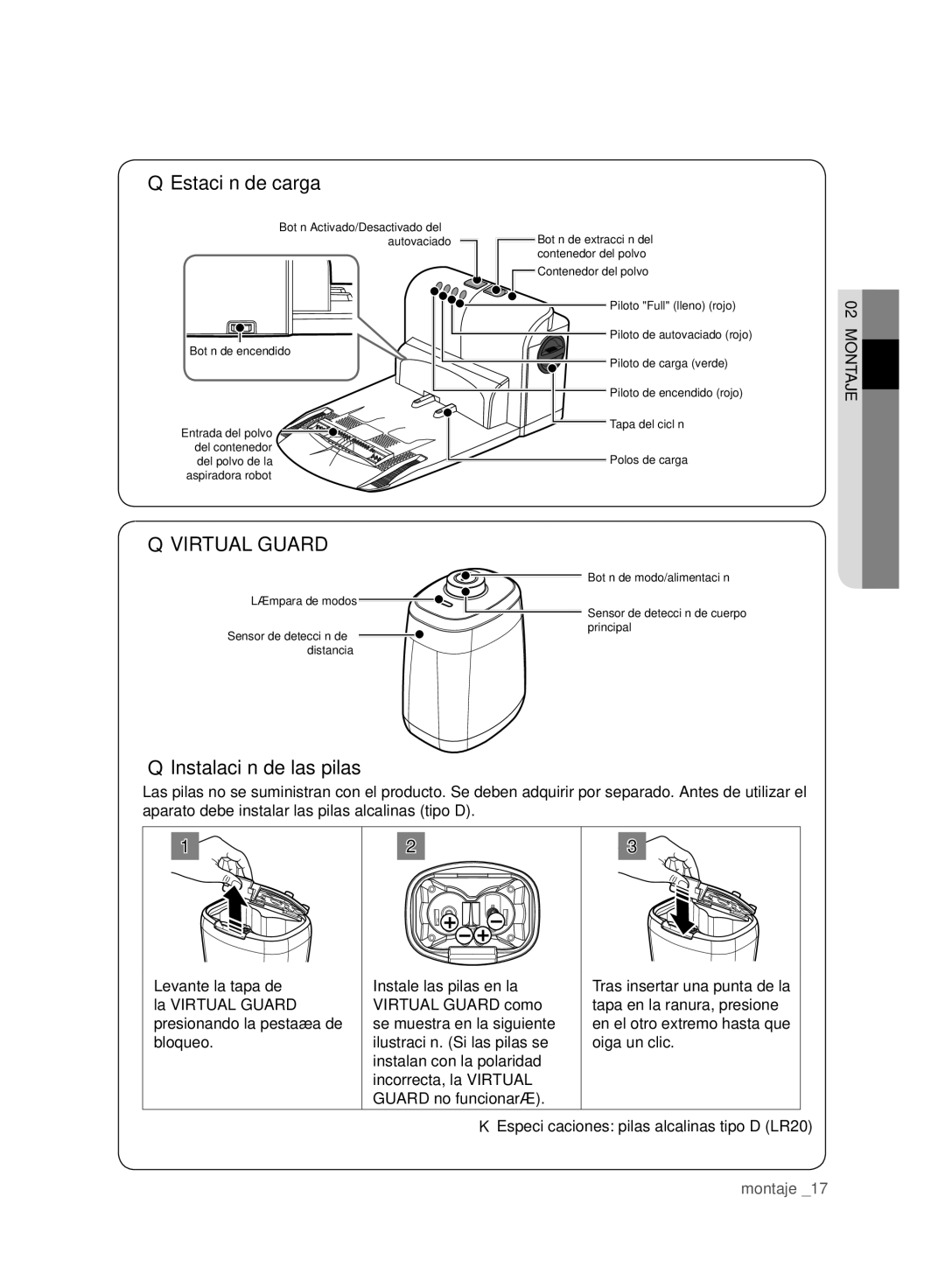 Samsung VCR8980L3K/XEO, VCR8980L3K/XEF manual Virtual Guard, Instalación de las pilas 