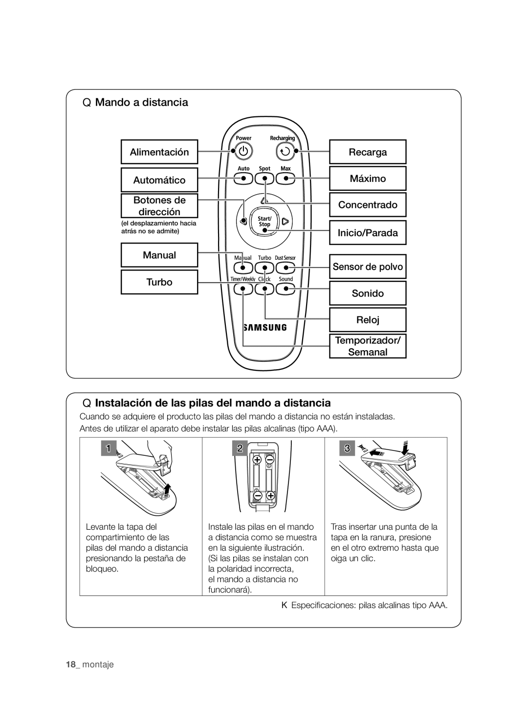 Samsung VCR8980L3K/XEF, VCR8980L3K/XEO manual Instalación de las pilas del mando a distancia 