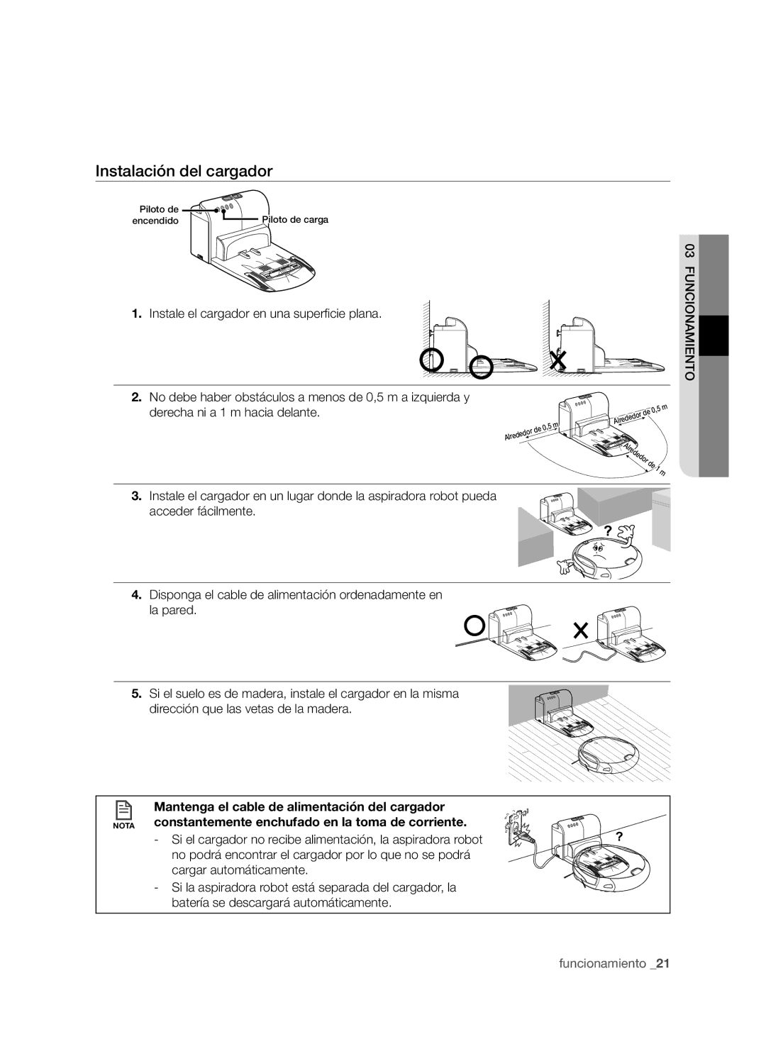 Samsung VCR8980L3K/XEO, VCR8980L3K/XEF manual Instalación del cargador, Instale el cargador en una superﬁ cie plana 