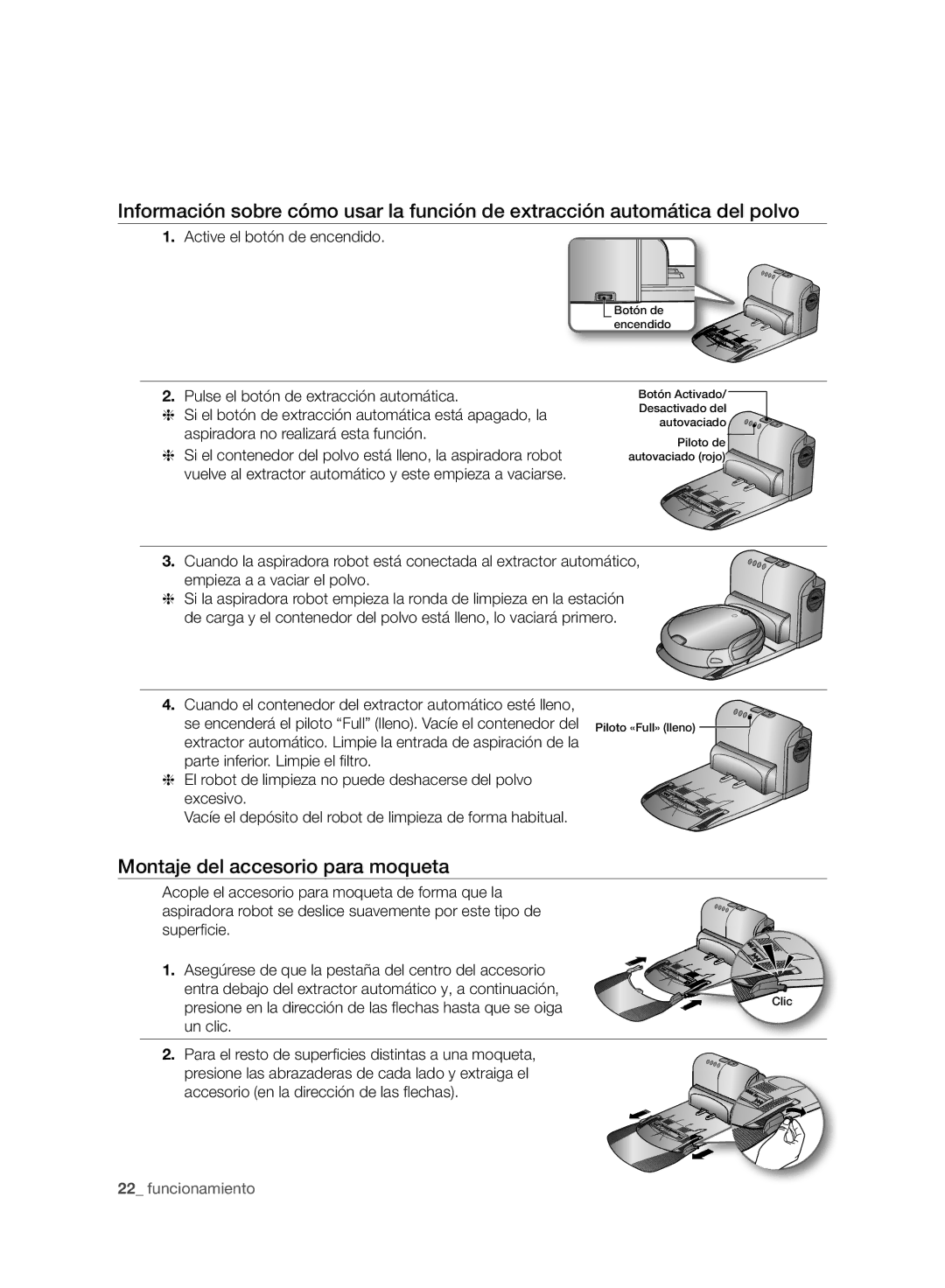 Samsung VCR8980L3K/XEF, VCR8980L3K/XEO manual Montaje del accesorio para moqueta, Active el botón de encendido 