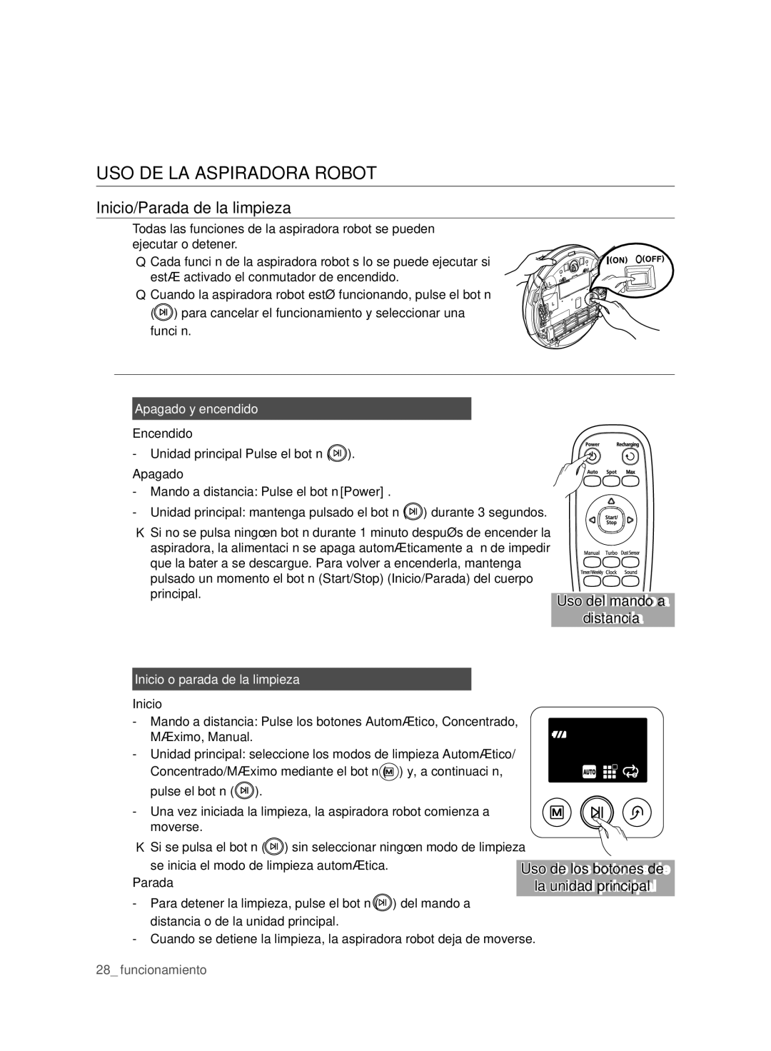 Samsung VCR8980L3K/XEF, VCR8980L3K/XEO manual USO DE LA Aspiradora Robot, Inicio/Parada de la limpieza, Apagado y encendido 