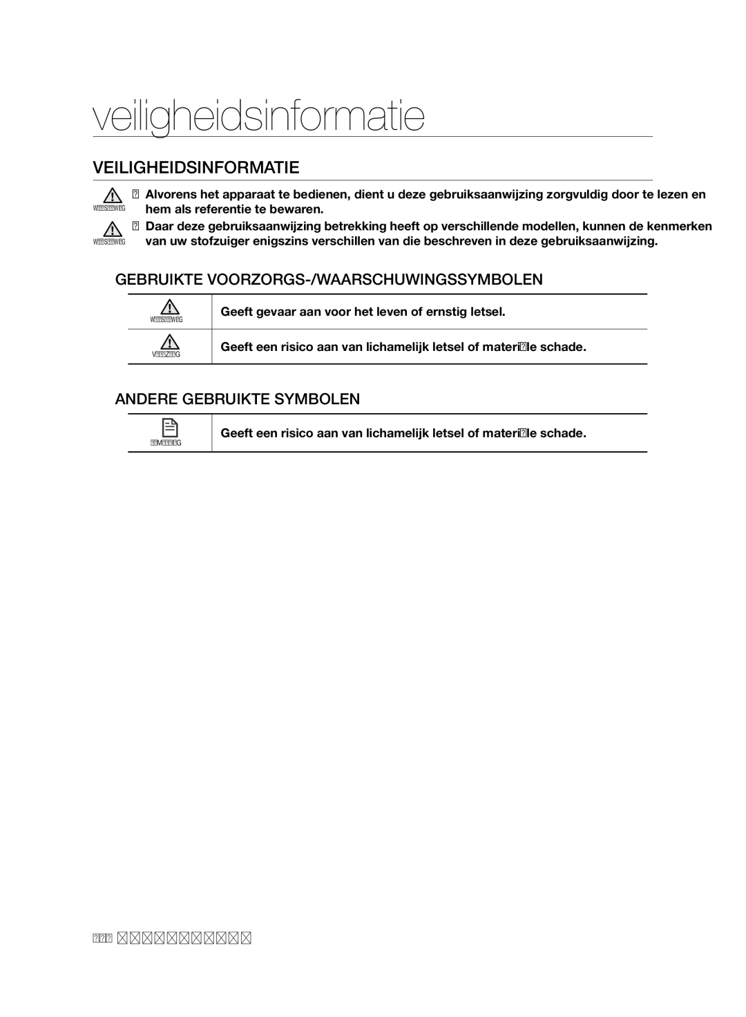 Samsung VCR8980L3K/XEF manual Veiligheidsinformatie, Gebruikte VOORZORGS-/WAARSCHUWINGSSYMBOLEN, Andere Gebruikte Symbolen 