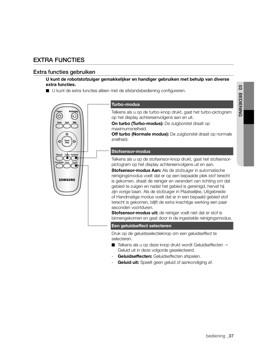 Samsung VCR8980L3K/XET, VCR8980L3K/XEG manual Extra Functies, Extra functies gebruiken, Turbo-modus, Stofsensor-modus 