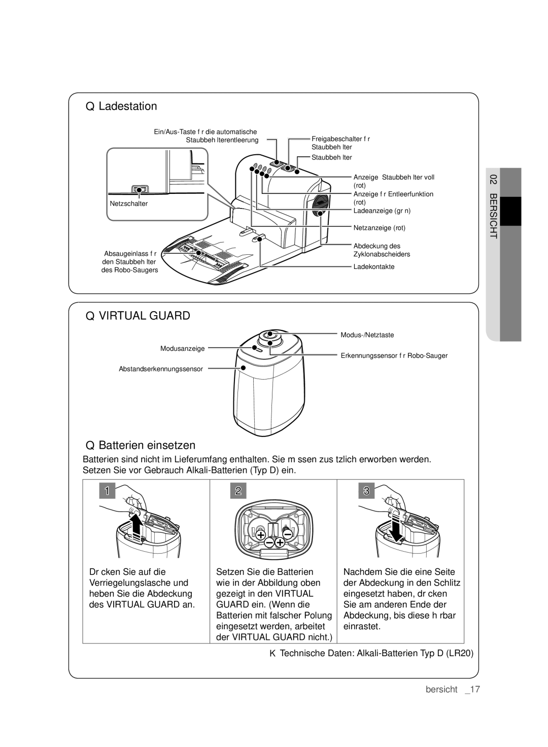 Samsung VCR8980L3K/XET, VCR8980L3K/XEG, VCR8980L3K/XEF, VCR8980L3K/XEO manual Virtual Guard, Batterien einsetzen 