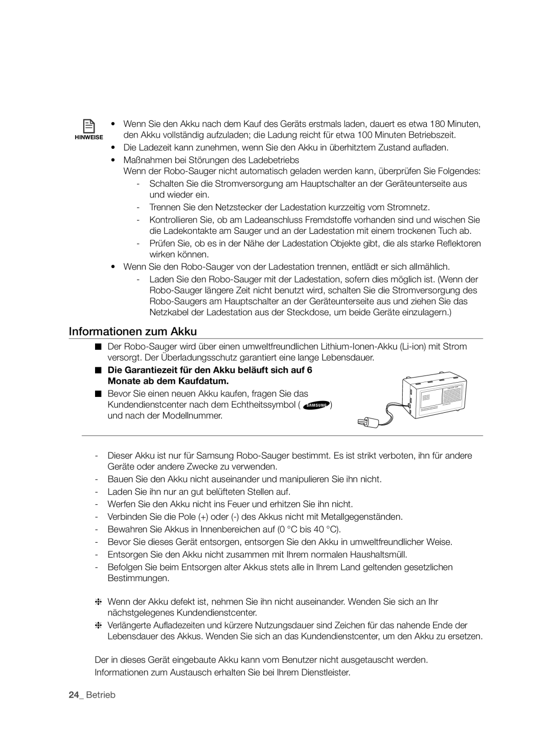 Samsung VCR8980L3K/XEG, VCR8980L3K/XET, VCR8980L3K/XEF, VCR8980L3K/XEO manual Informationen zum Akku 