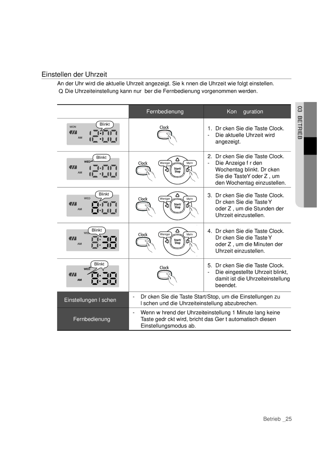 Samsung VCR8980L3K/XET, VCR8980L3K/XEG, VCR8980L3K/XEF, VCR8980L3K/XEO manual Einstellen der Uhrzeit, Konﬁguration 