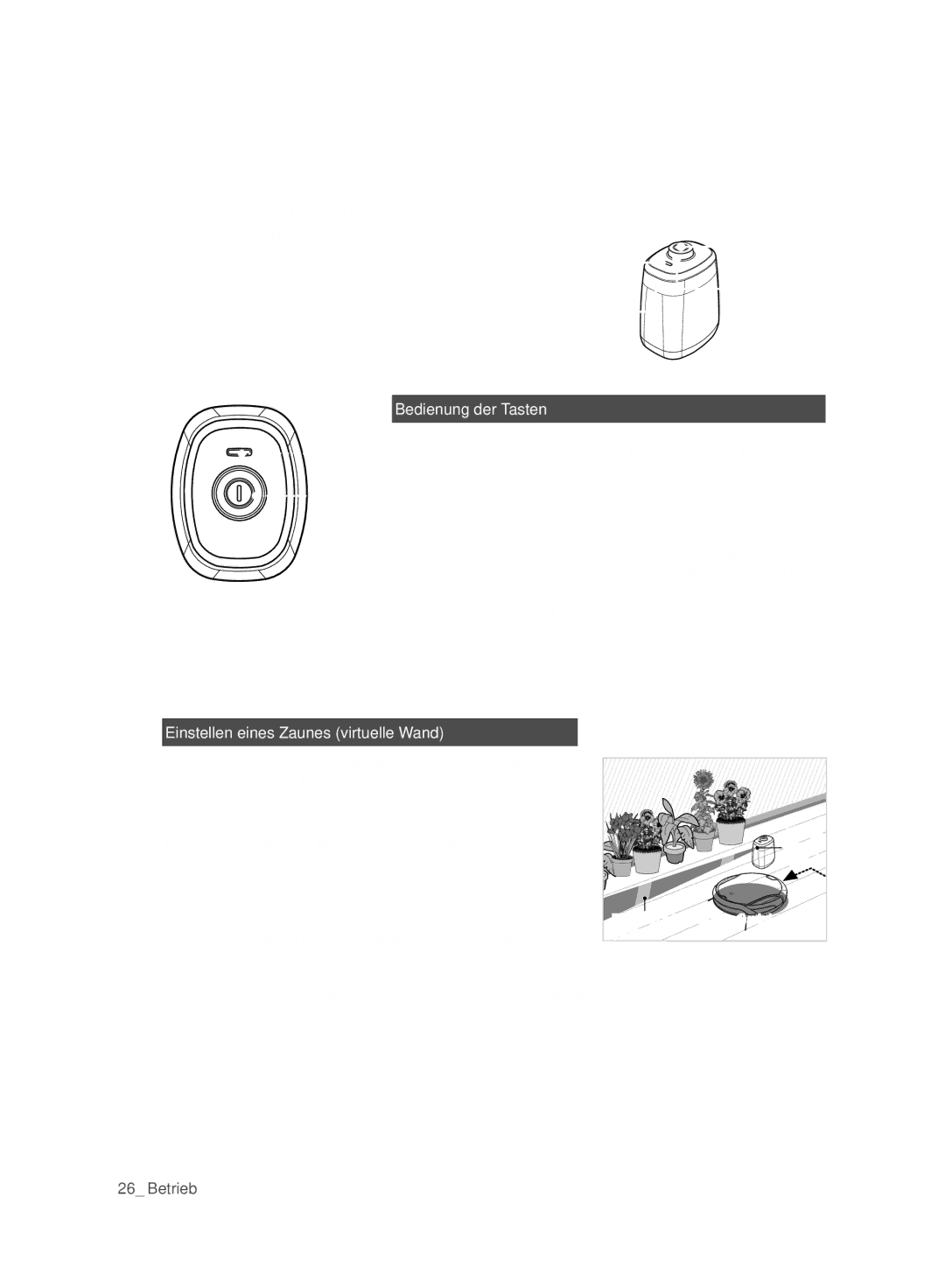 Samsung VCR8980L3K/XEF manual Einstellen des Virtual Guard, Bedienung der Tasten, Einstellen eines Zaunes virtuelle Wand 