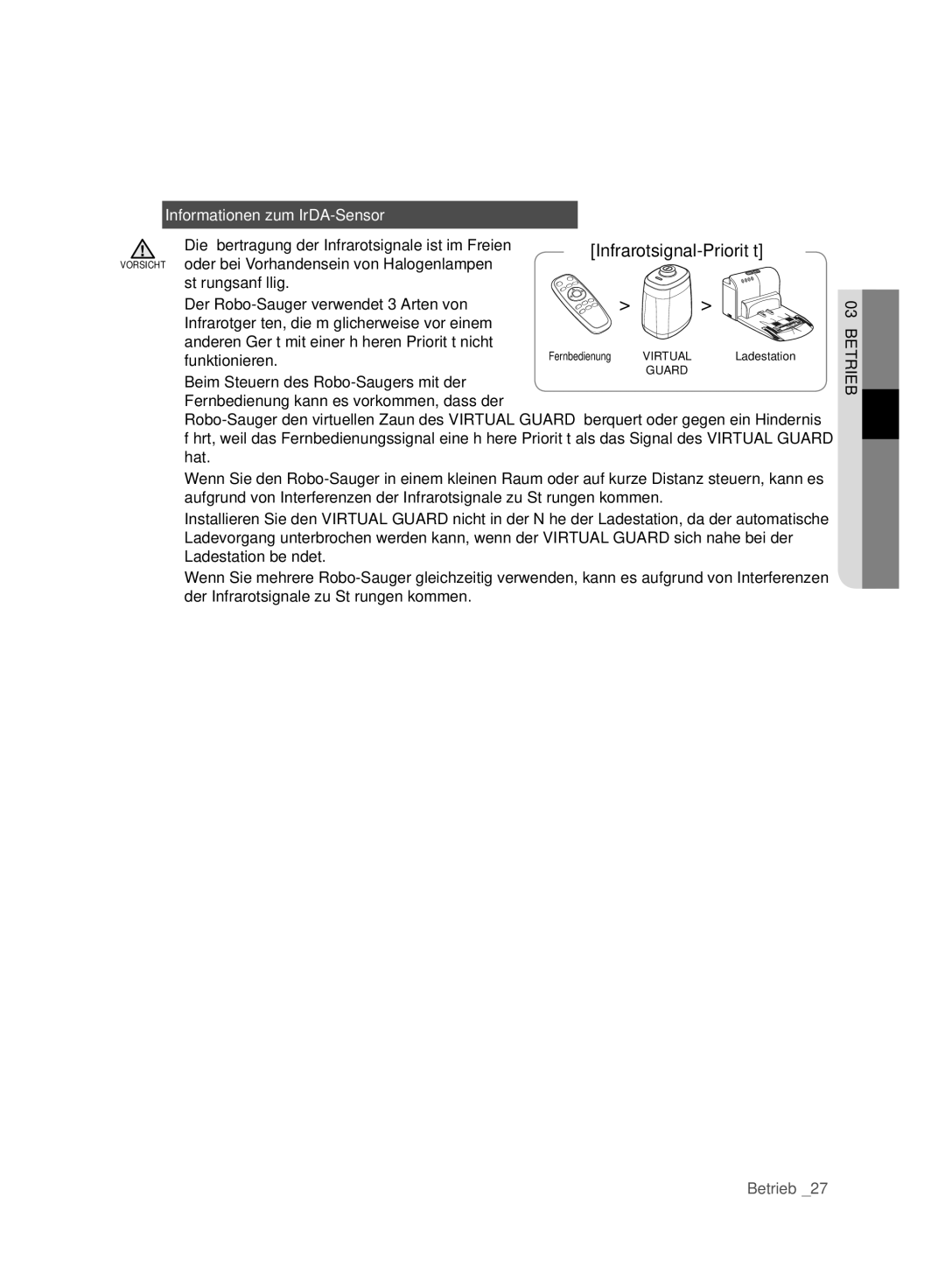 Samsung VCR8980L3K/XEO Informationen zum IrDA-Sensor, Die Übertragung der Infrarotsignale ist im Freien, Funktionieren 