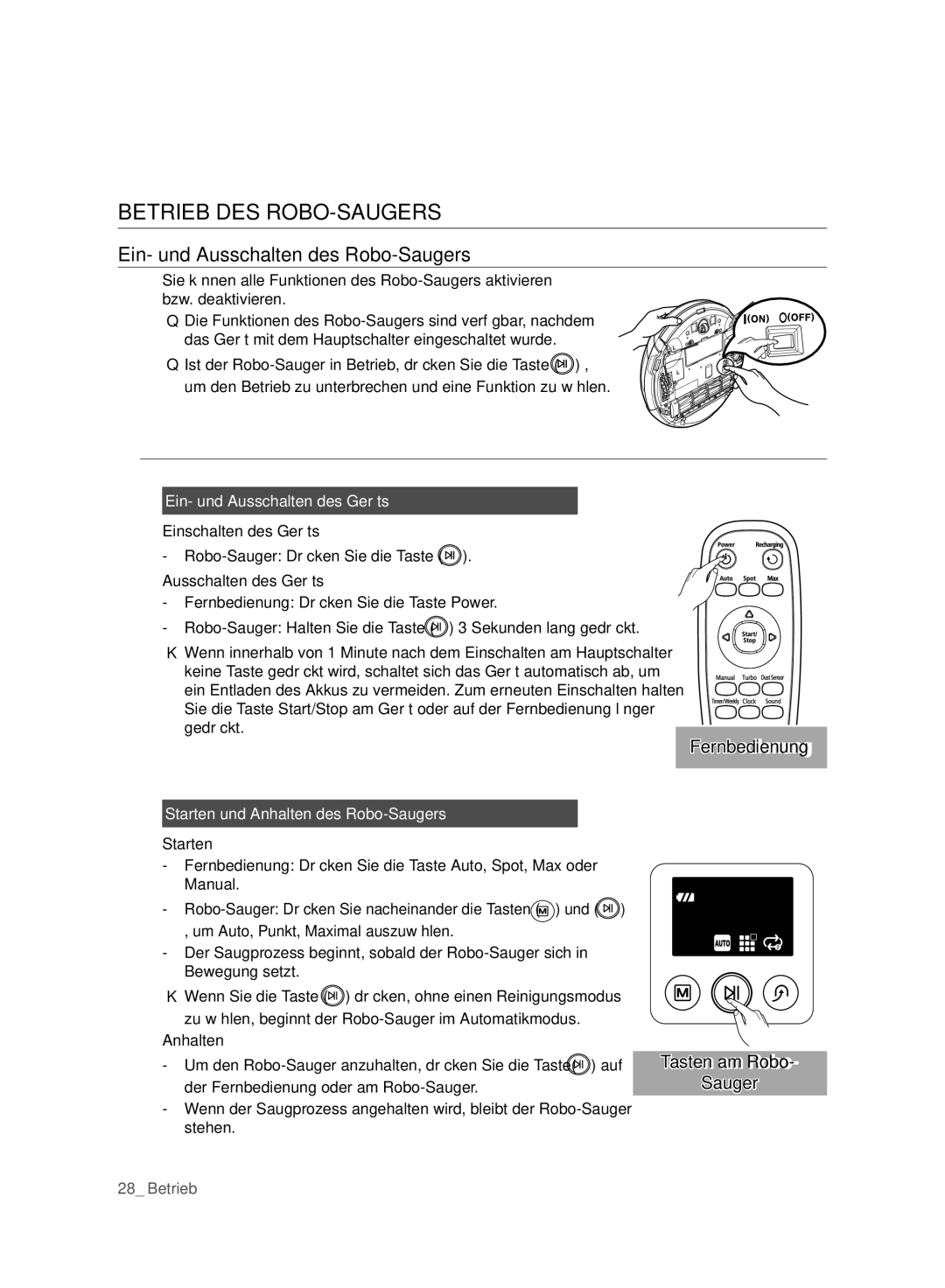 Samsung VCR8980L3K/XEG Betrieb DES ROBO-SAUGERS, Ein- und Ausschalten des Robo-Saugers, Ein- und Ausschalten des Geräts 