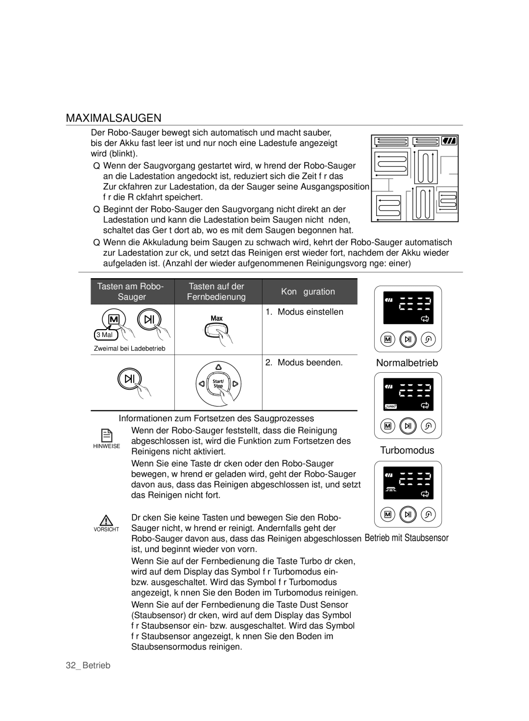 Samsung VCR8980L3K/XEG, VCR8980L3K/XET, VCR8980L3K/XEF, VCR8980L3K/XEO manual Maximalsaugen, Modus einstellen, Modus beenden 