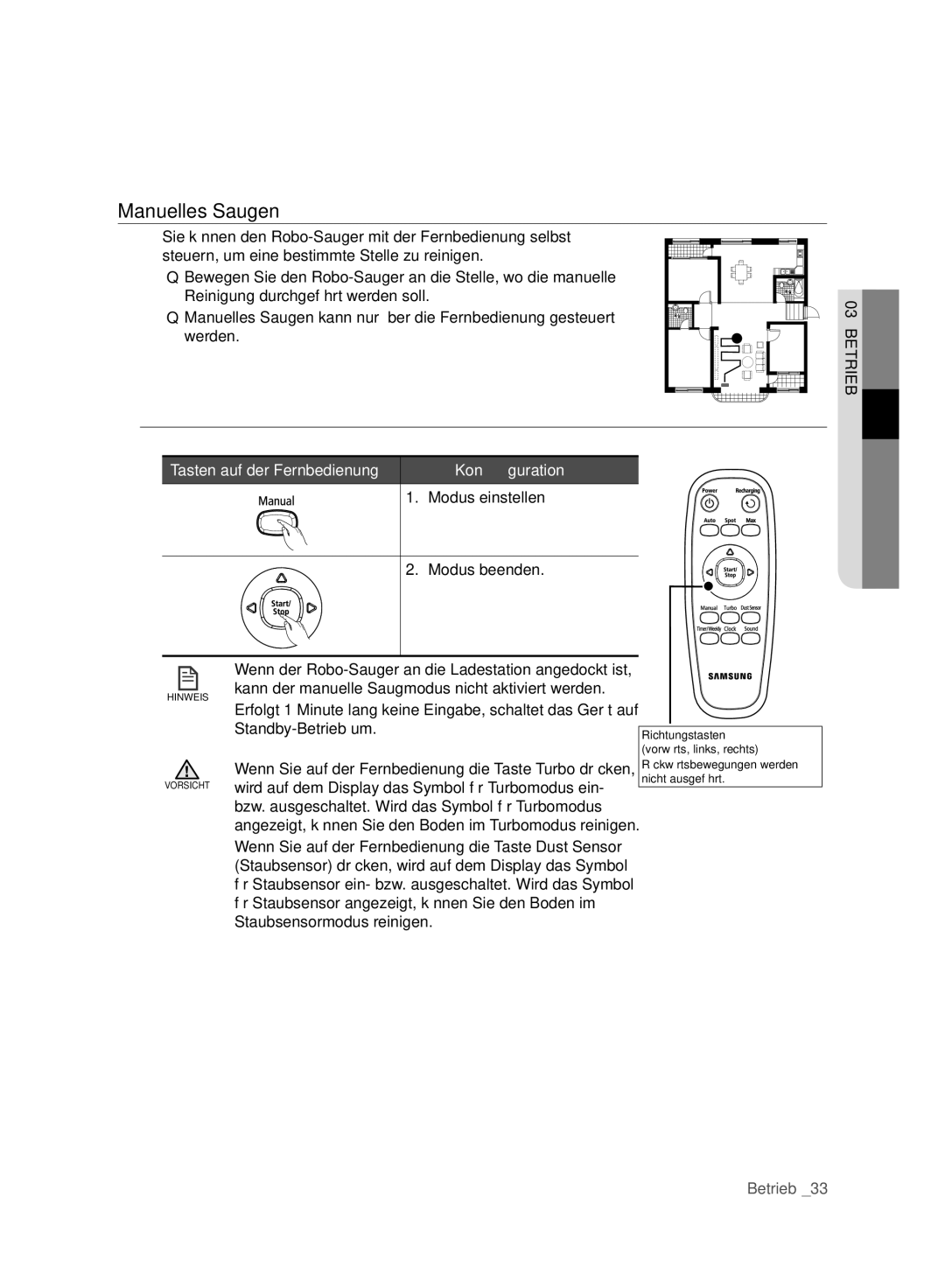 Samsung VCR8980L3K/XET, VCR8980L3K/XEG manual Manuelles Saugen, Tasten auf der Fernbedienung, Modus einstellen Modus beenden 