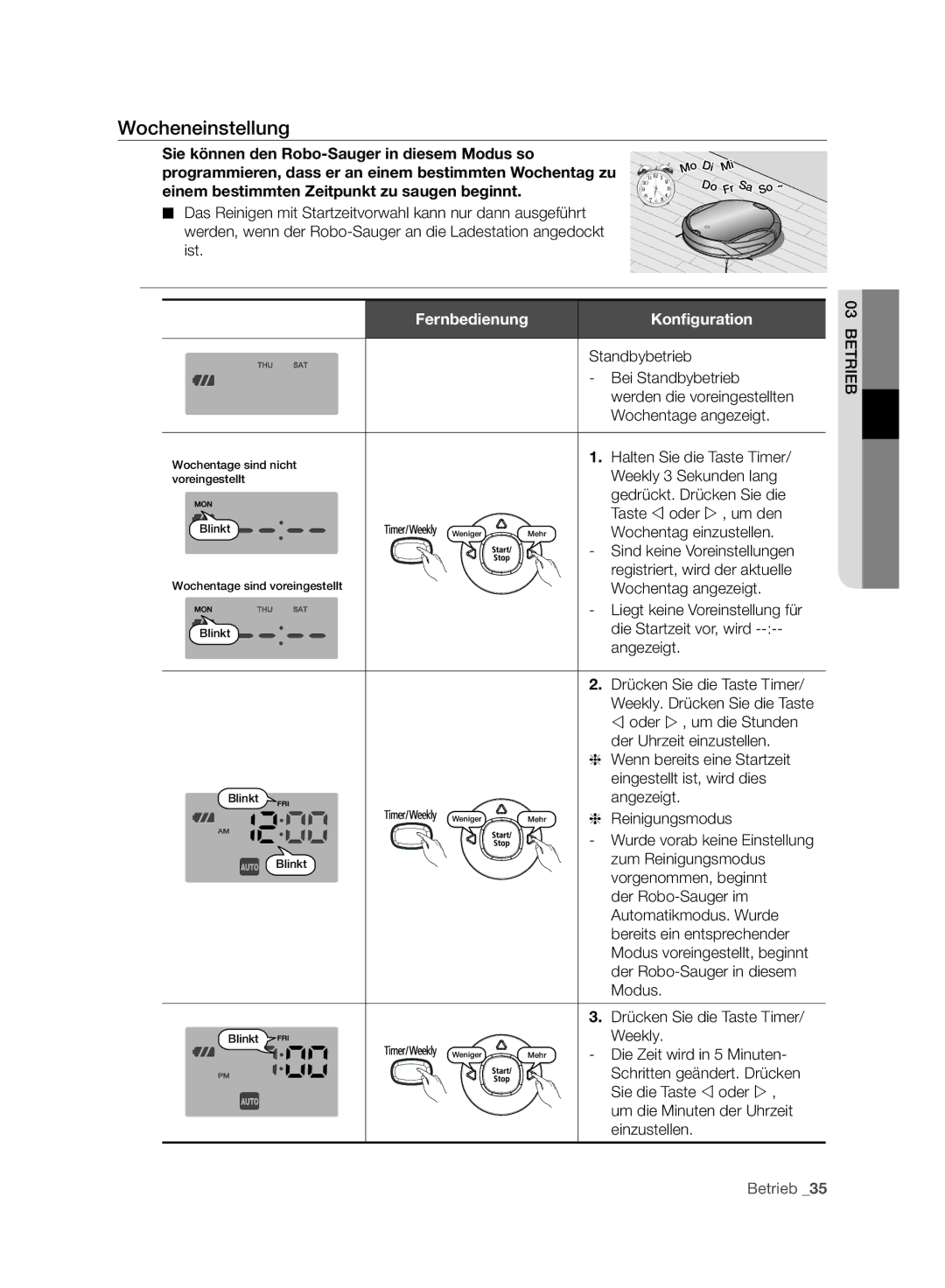 Samsung VCR8980L3K/XEO, VCR8980L3K/XEG, VCR8980L3K/XET, VCR8980L3K/XEF manual Wocheneinstellung, Fernbedienung Konﬁguration 