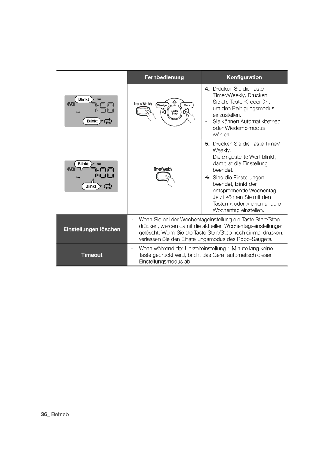 Samsung VCR8980L3K/XEG Timer/Weekly. Drücken, Um den Reinigungsmodus, Oder Wiederholmodus, Wählen, Sind die Einstellungen 