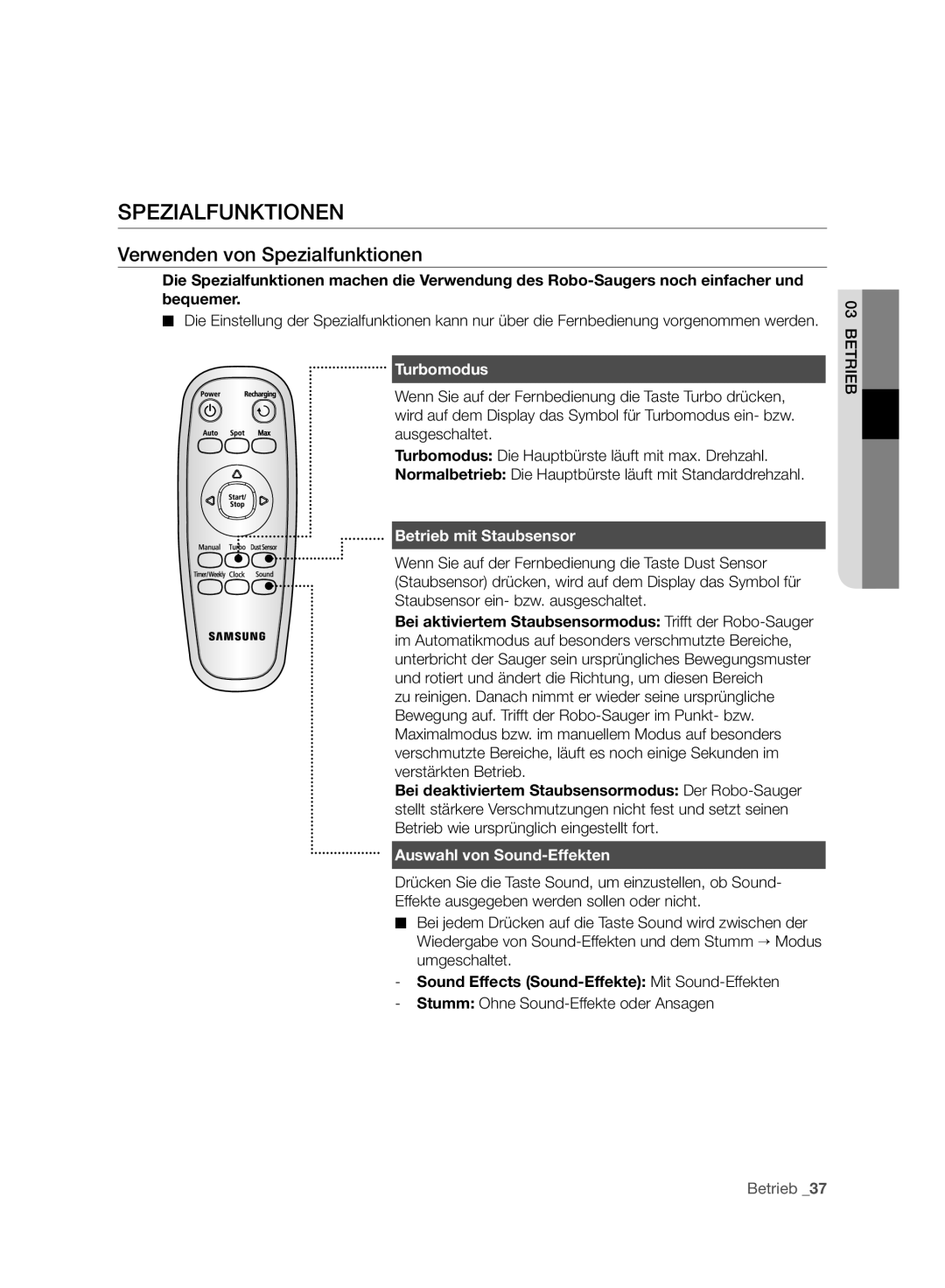 Samsung VCR8980L3K/XET, VCR8980L3K/XEG manual Verwenden von Spezialfunktionen, Turbomodus, Betrieb mit Staubsensor 