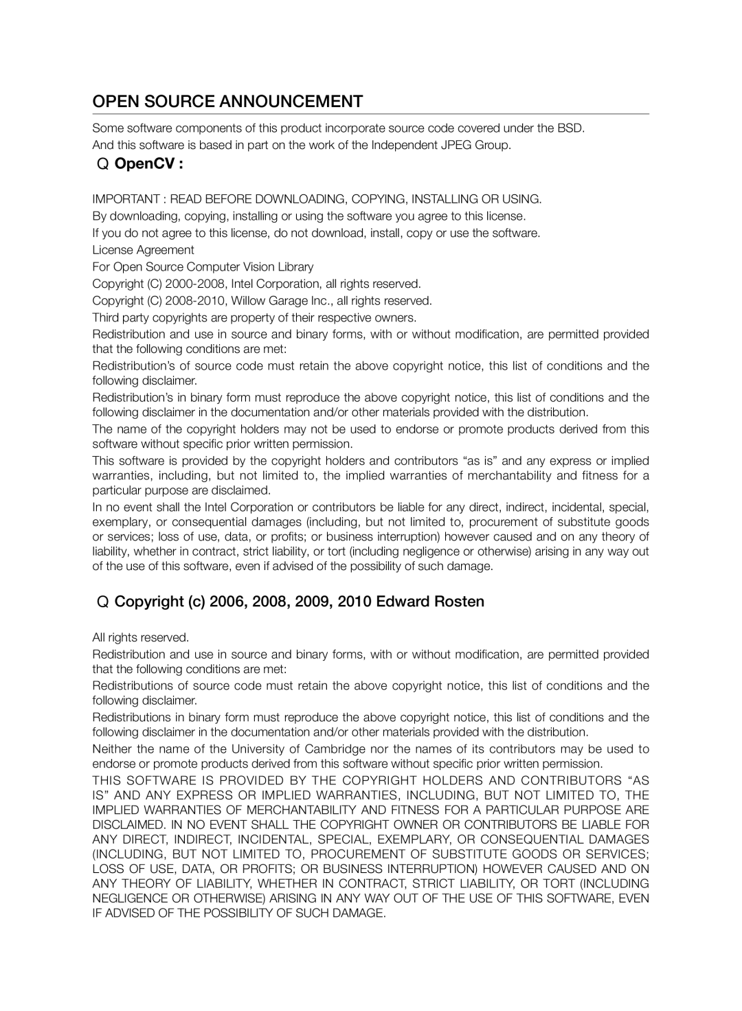 Samsung VCR8980L3K/XEG, VCR8980L3K/XET manual Open Source Announcement, Copyright c 2006, 2008, 2009, 2010 Edward Rosten 