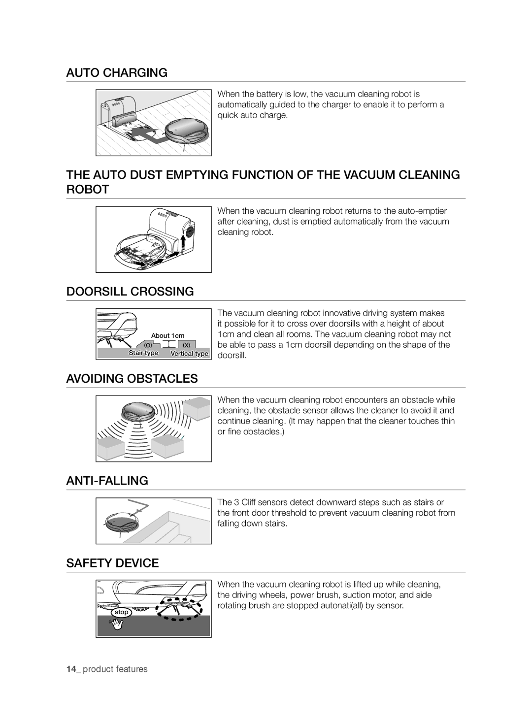 Samsung VCR8980L3K/XEF manual Auto Charging, Auto Dust Emptying Function of the Vacuum Cleaning Robot, Doorsill Crossing 