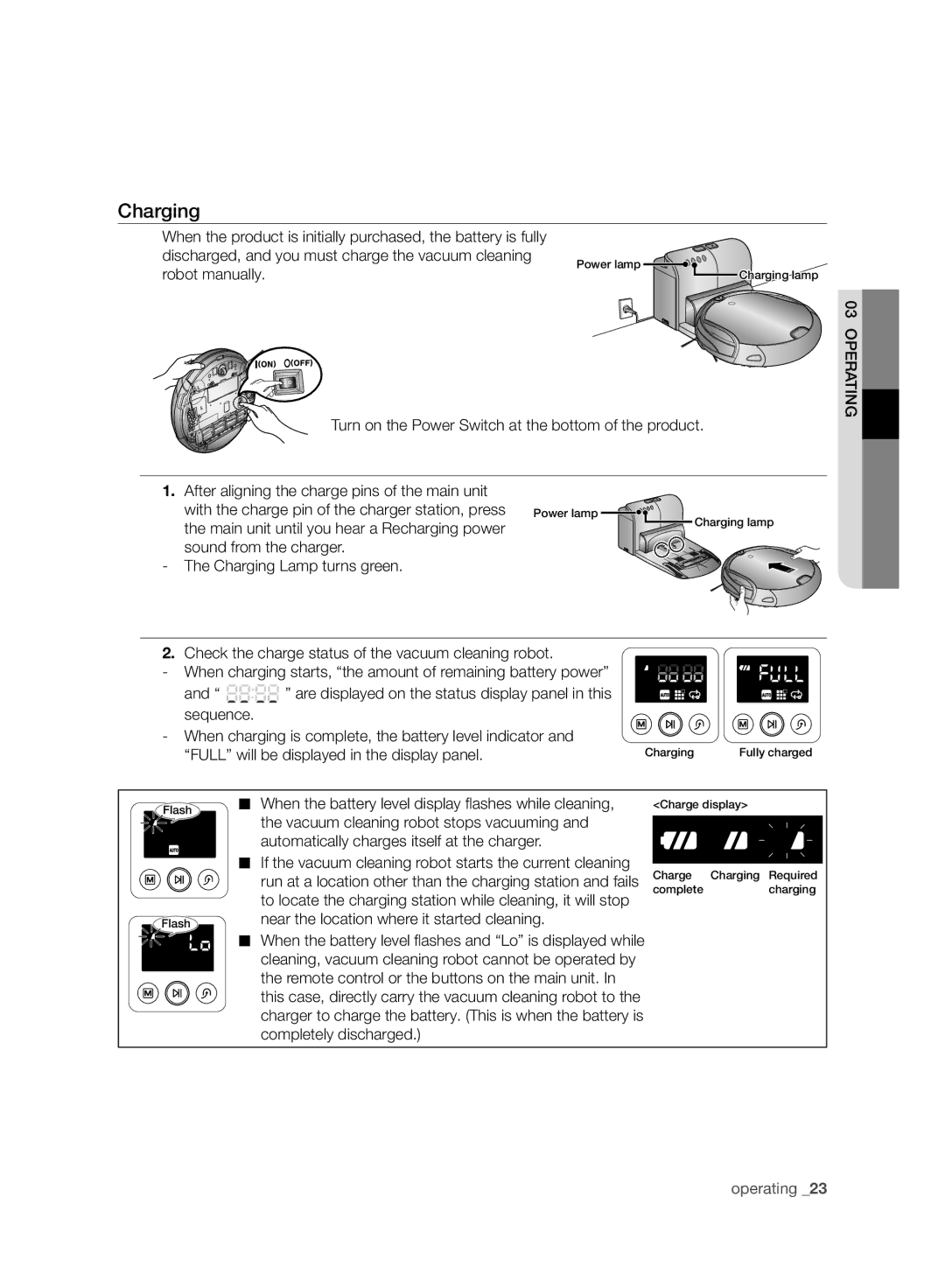 Samsung VCR8980L3K/XET, VCR8980L3K/XEG Charging, Robot manually, Main unit until you hear a Recharging power 