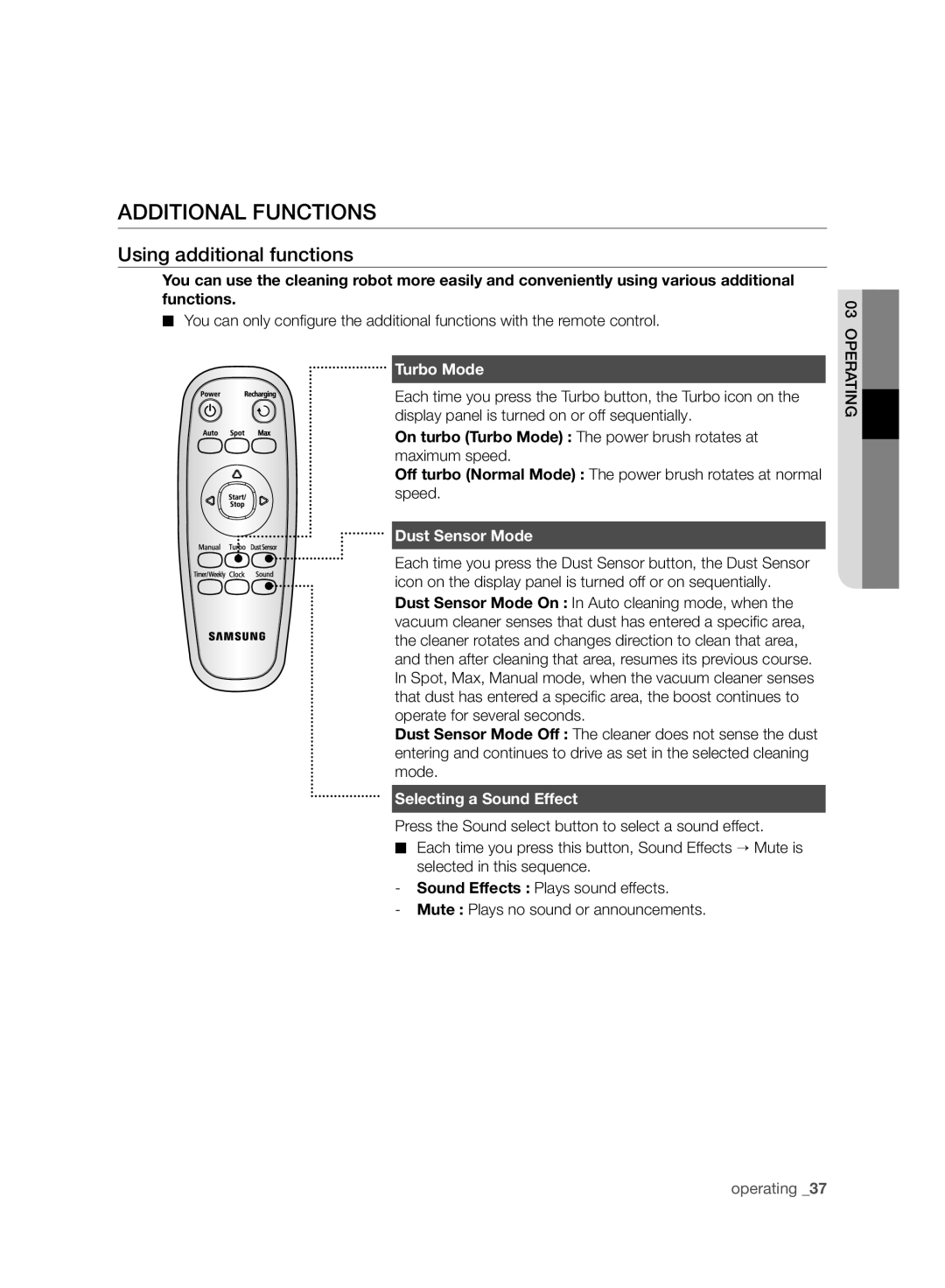 Samsung VCR8980L3K/XEG, VCR8980L3K/XET manual Additional Functions, Using additional functions, Turbo Mode, Dust Sensor Mode 