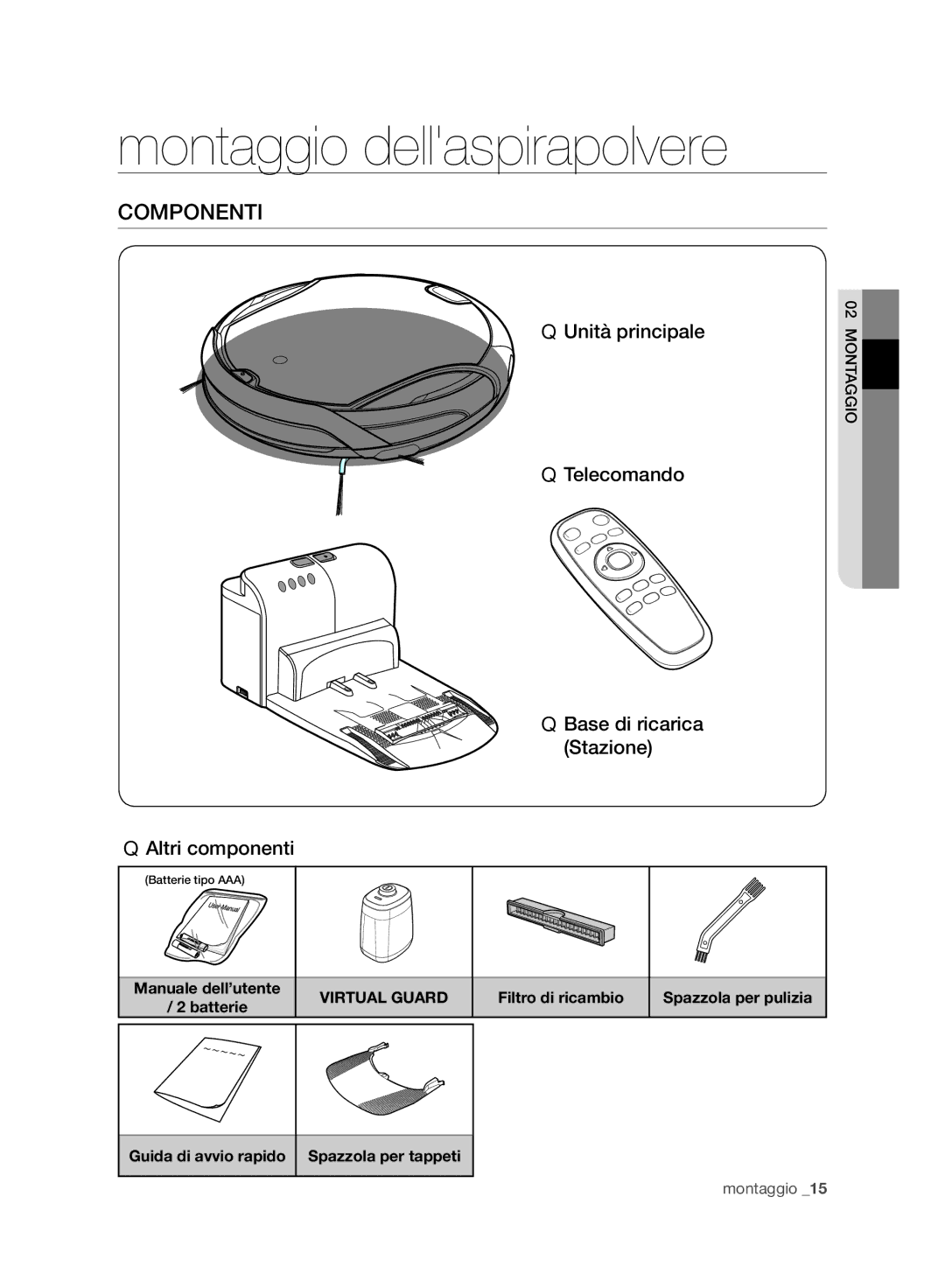 Samsung VCR8980L3K/XEG, VCR8980L3K/XET, VCR8980L3K/XEF manual Montaggio dellaspirapolvere, Componenti, Filtro di ricambio 